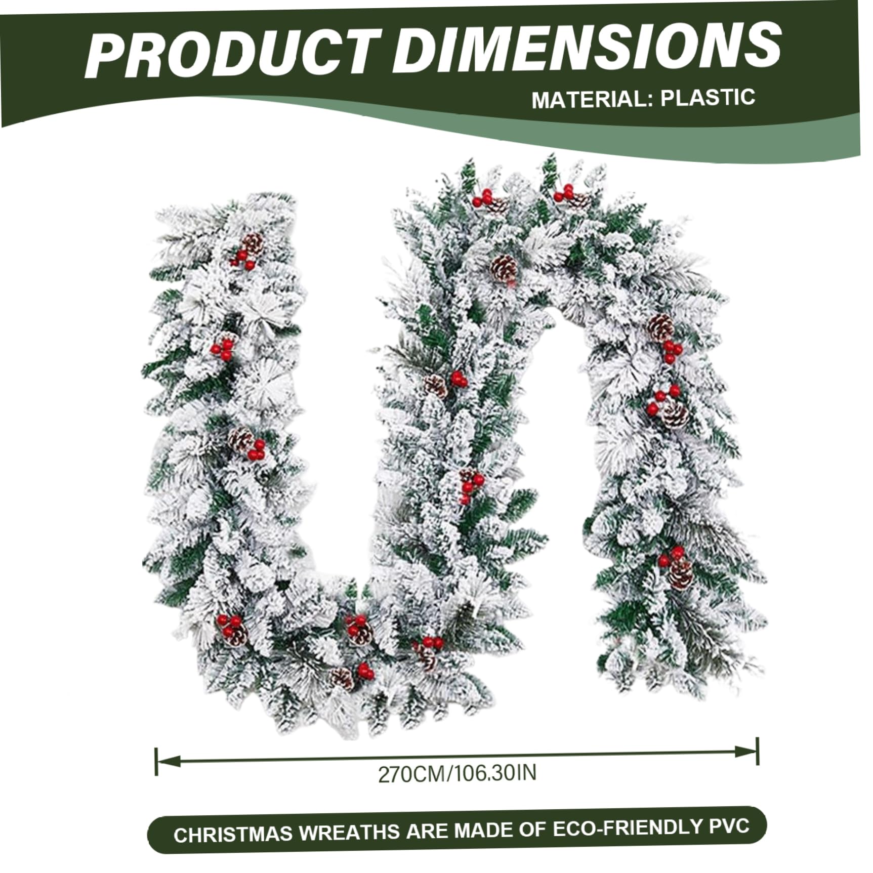 Guirnalda navideña preiluminada, Guirnalda navideña con Luces, Nieve de 9 pies de Espesor, iluminada artificialmente con piñas y Frutos Rojos, Funciona con baterías