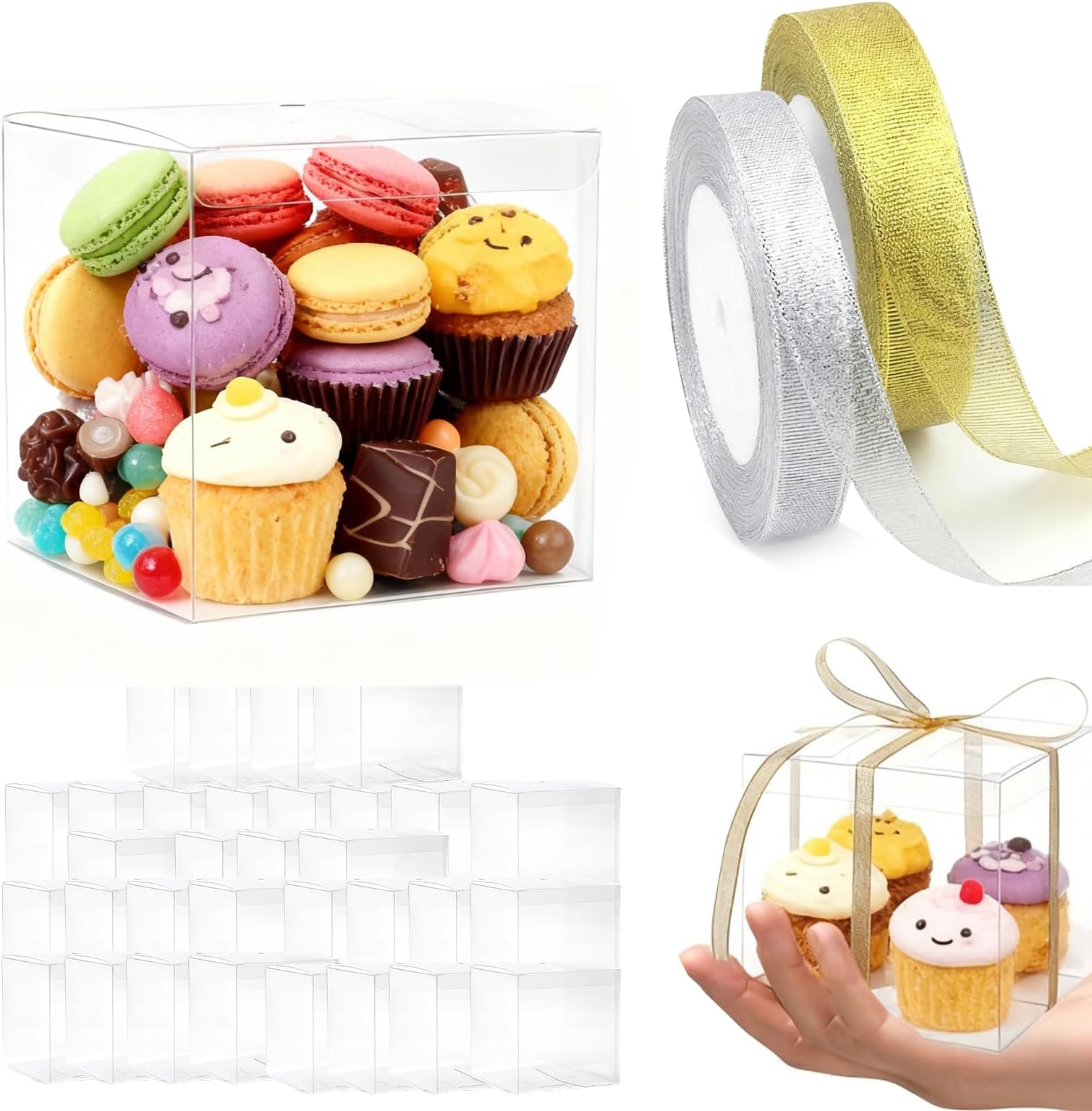 Pack of 50 Transparent Gift Boxes, 5 x 5 x 5 cm Plastic Transparent Gift Box, Small Cube Packaging with 2 Rolls of Gold Silver Ribbons for Guest Gifts, Weddings, Parties