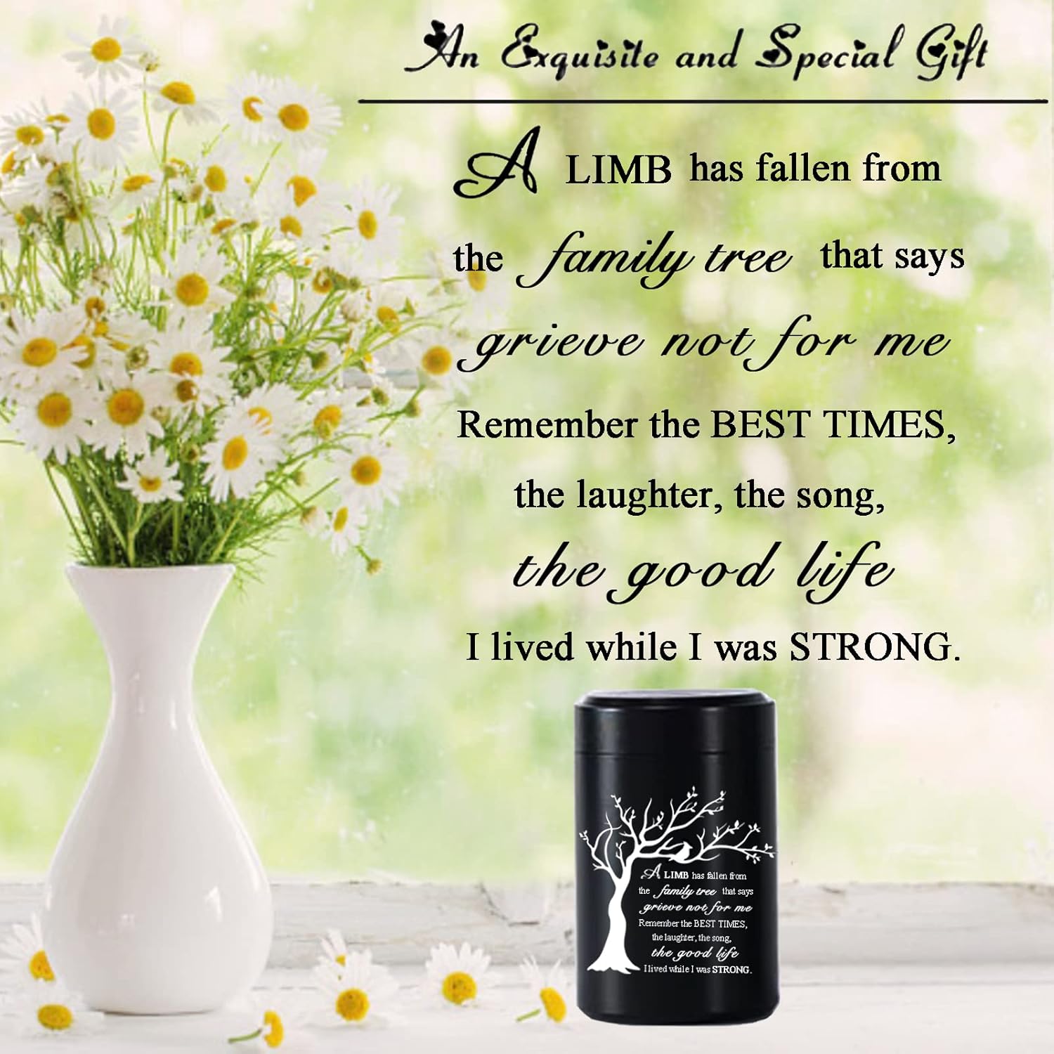 2.7 inch Small Urns for Ashes - Set of 4, Aluminium Mini Urns, Cremation Urns for Human Ashes, Ashes Holder, Small Keepsake urns-A Limb has Fallen from The Family Tree, Black