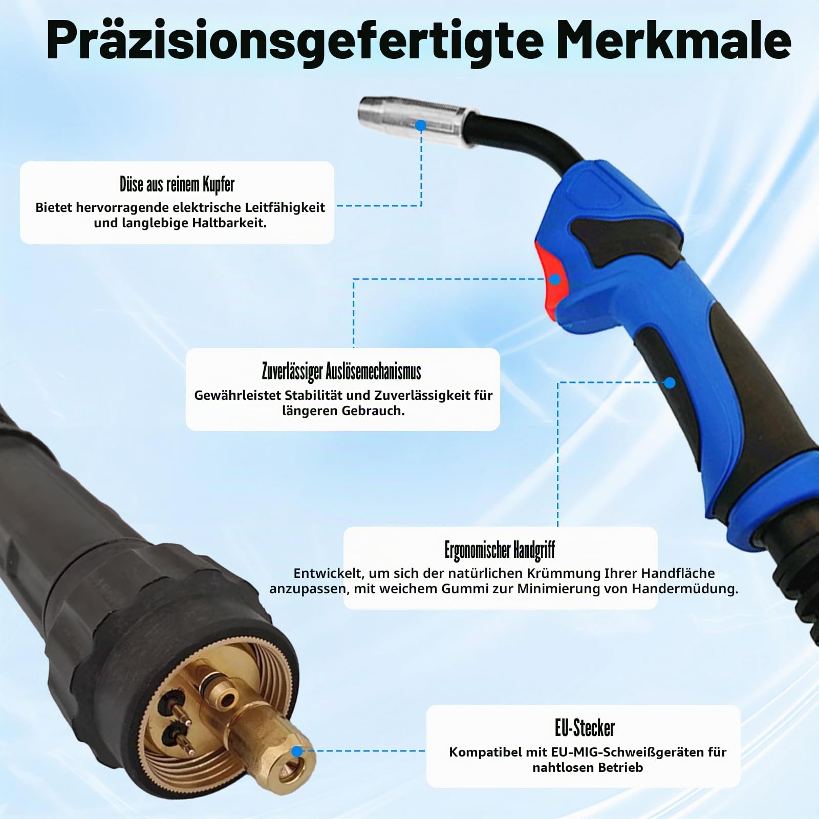 MIG MAG Schutzgas Schlauchpaket MB15 AK – 4m Gasgekühlte Schweißbrenner mit Euro-Zentralanschluss und 27-teiligem Verschleißteile-Set für einfachen Betrieb und Wartung, für CO² Schweißgeräte