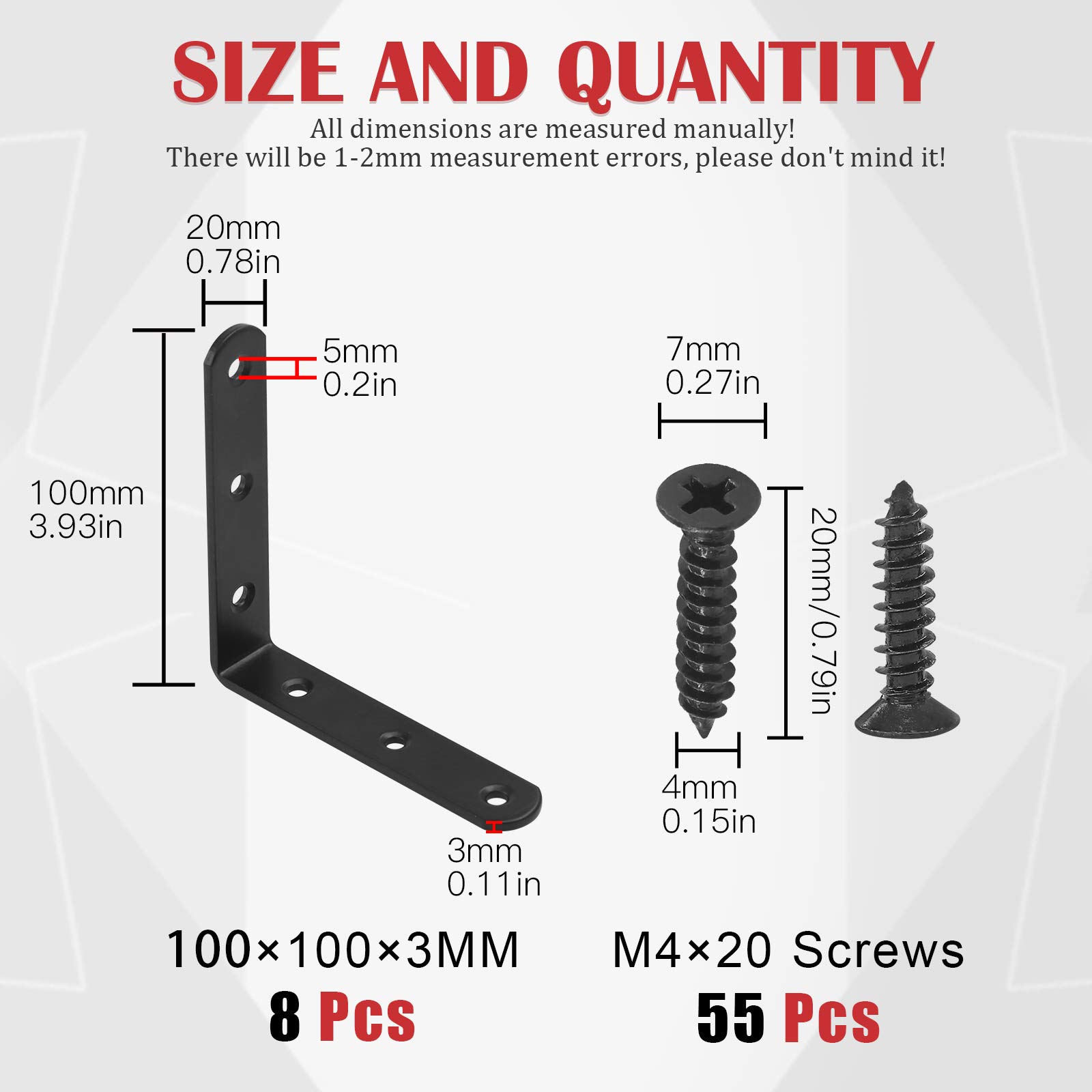 Hilitchi Stainless Steel Black L Bracket Corner Brace 90 Degree Right Angle Brackets Sets with Screws Corner Fastener for Shelves Steel Joints Support (100mm - Image 2