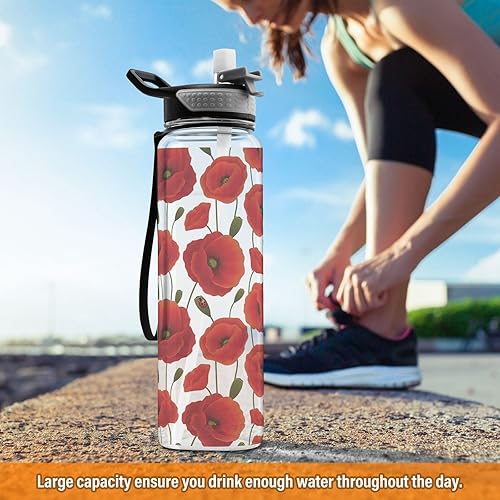 Miniatura 6 de Joko Ivery Botella de agua deportiva de 32 onzas con diseño de flor de amapola roja para niños pequeños, a prueba de fugas, sin BPA, con popote de