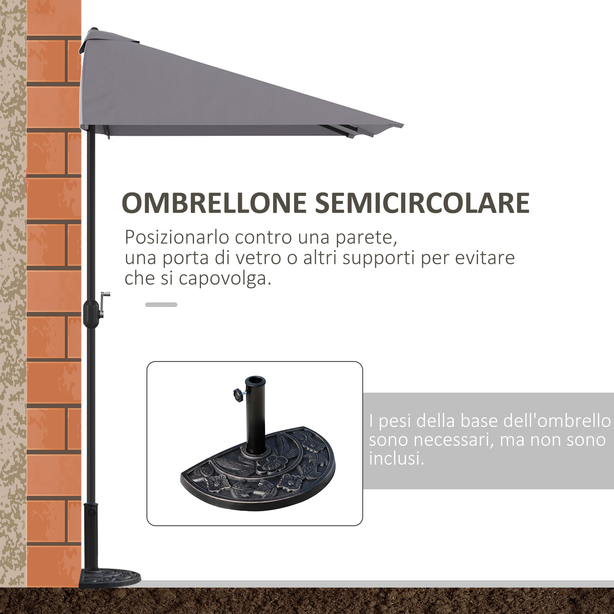 Outsunny Ombrellone Mezzaluna da Parete e Muro 2.3x1.3 m con Apertura a Manovella, Ombrellone da Giardino con 5 Stecche in Metallo e Poliestere 180g/㎡, Anti UV, per Terrazza e Balcone