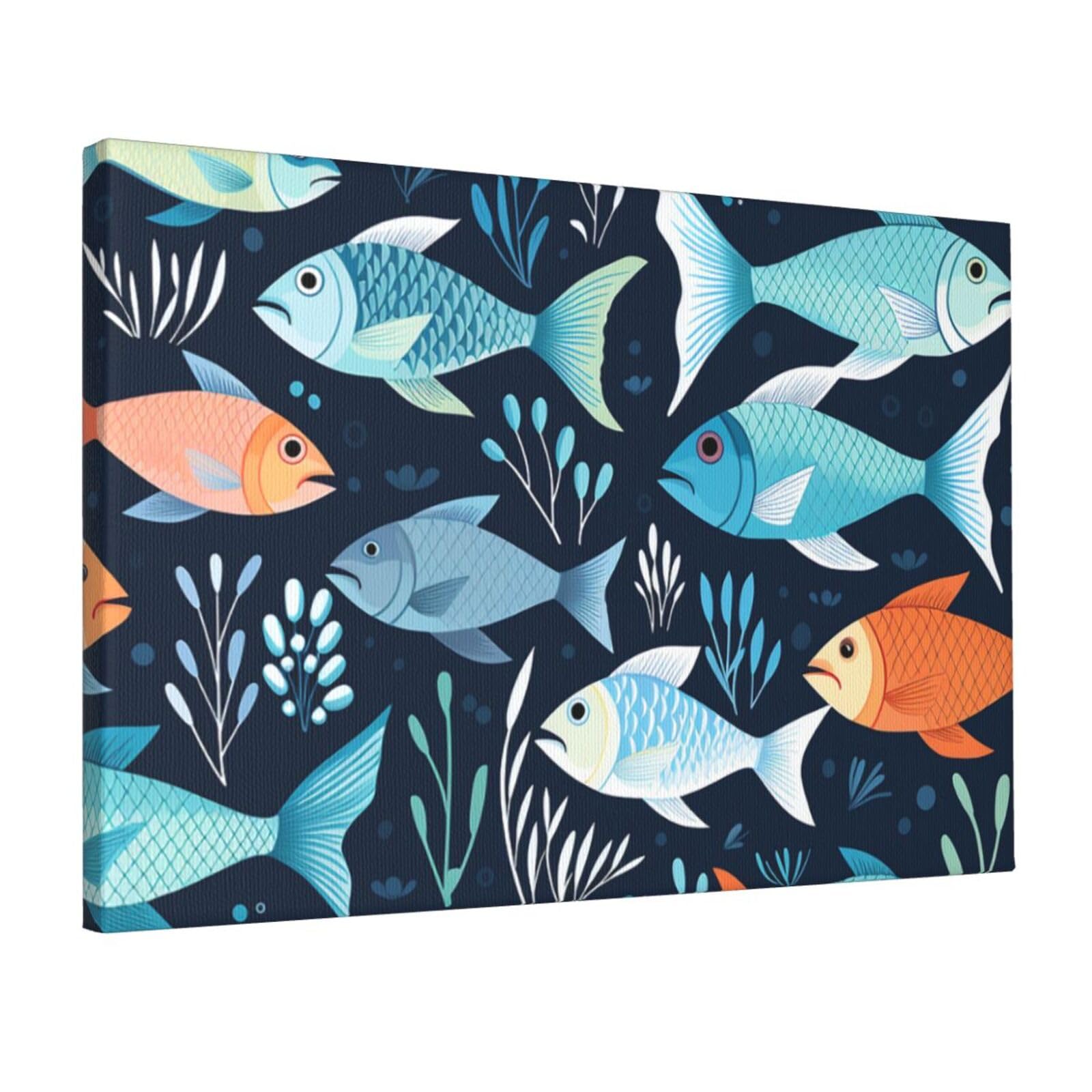 KLOPH Fishes Pattern Canvas Wall Art for Living Room 12"x18" Modern Artwork Painting for Bathroom Hanging Canvas Prints Aesthetic Wallart for Bedroom Kitchen Office Wall Decor
