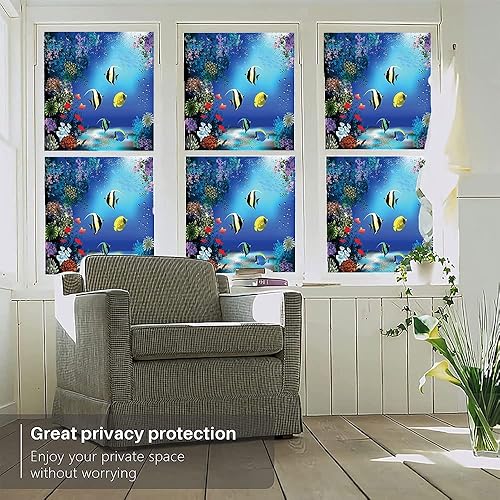 Miniatura 2 de Película adhesiva subacuática para ventana, tropical submarina con peces coloridos nadando en el océano, imagen de arrecifes de coral, para bloqueo