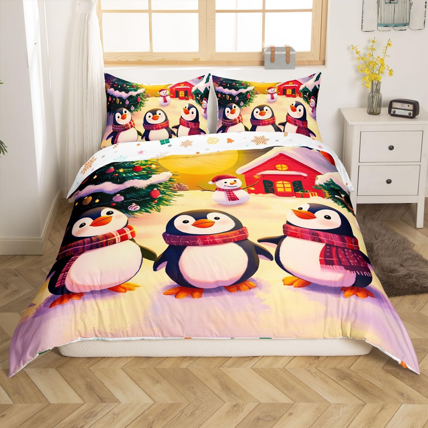 Erosebridal Xmas Penguin Twin Bedding Set Cartoon Christmas Duvet Cover Cute Christmas Snowman Comforter Cover for Kids Boys Girls,Christmas Tree Red House Quilt Cover Home Decor 1 Pillow Case