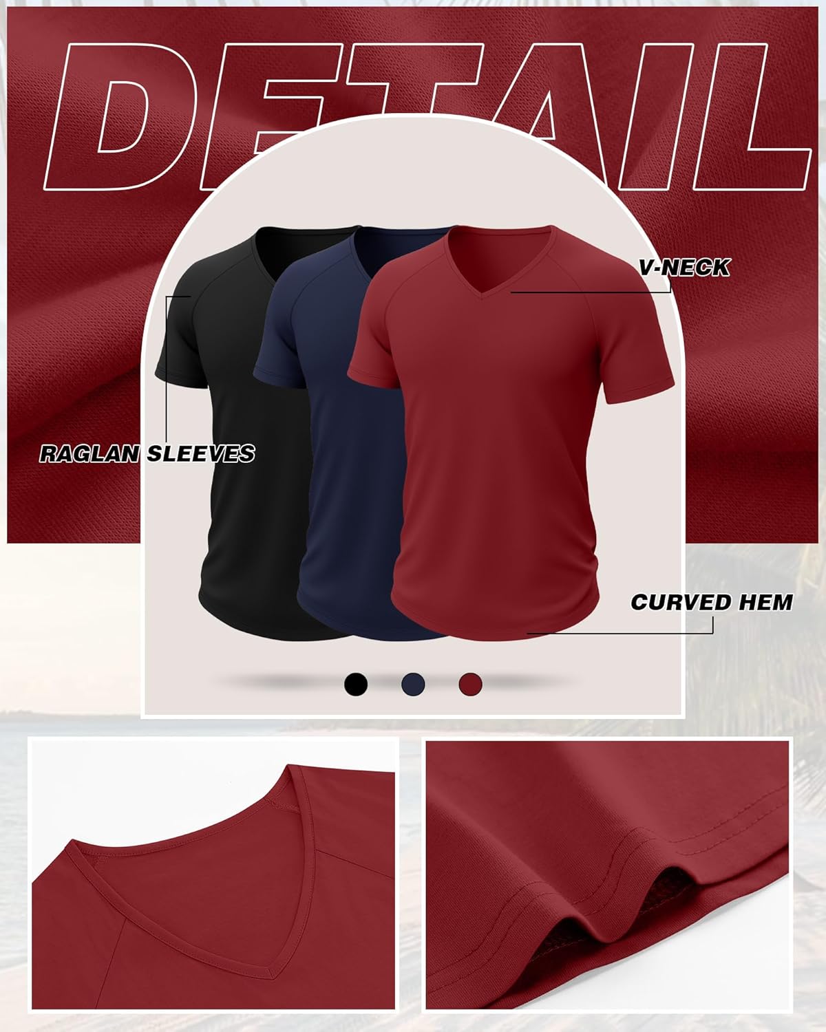 Riyiper 3 Pack Men's Short Sleeve V Neck T-Shirts Raglan Curved Hem Shirts Casual Basic Tops Soft Summer Stretchy Tees - Image 6