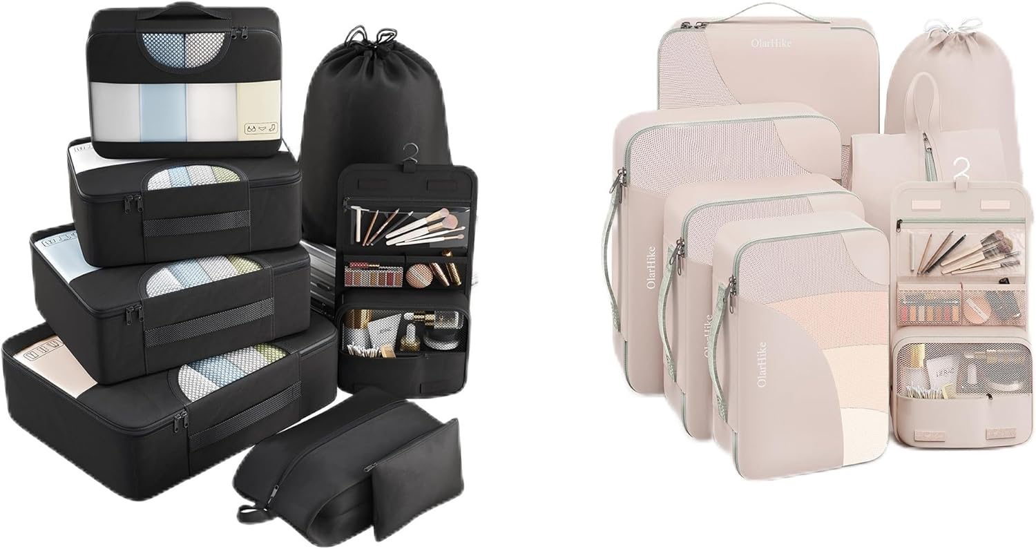 8 Set Cream Packing Cubes, 8 Set Black Packing Cubes