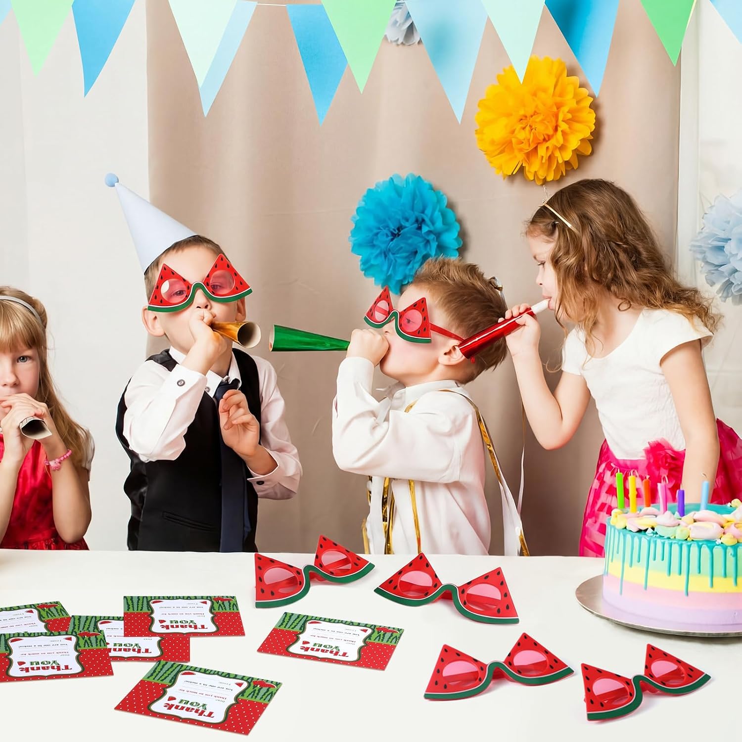 Flutesan 12 Sets Watermelon Party Sunglasses with Thank You Cards Watermelon Party Favors for Kids Birthday One in a Melon Themed Parties Supplies for Hawaiian Tropical Summer Fruit Goodie Bag Fillers