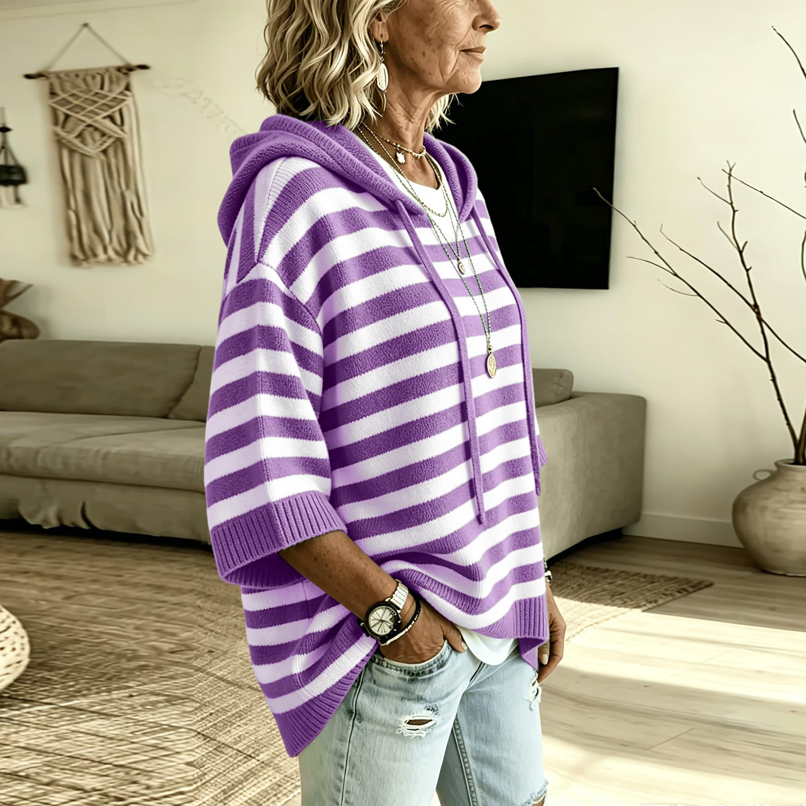 Pullover Damen 3/4 Arm Gestreiftes Strick Shirt Lose College Hoodie