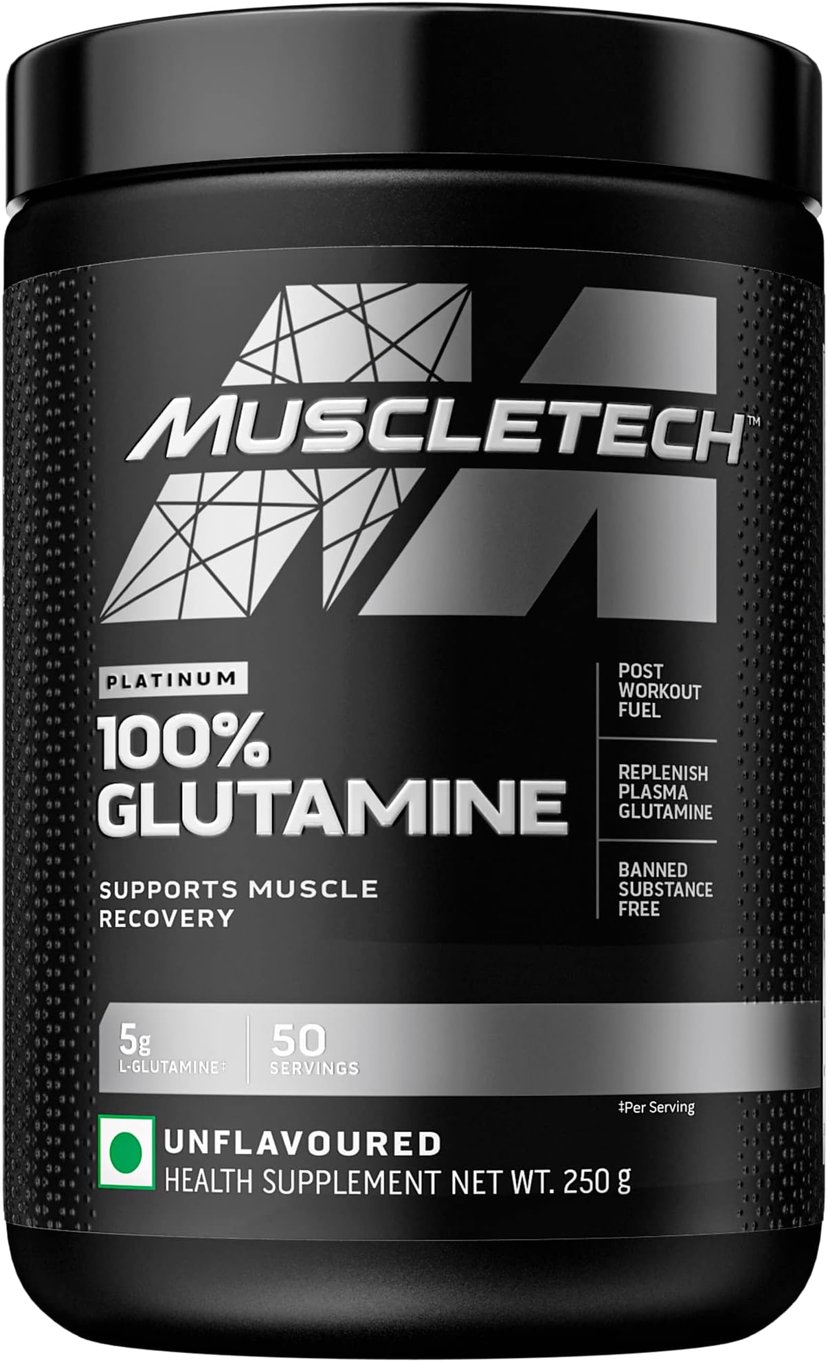 Glutamine | Muscletech Platinum 100% Glutamine | Post Workout Recovery Drink | L-Glutamine Powder For Men & Women | Muscle Recovery | Unflavored (50 Servings) - 250 grams..