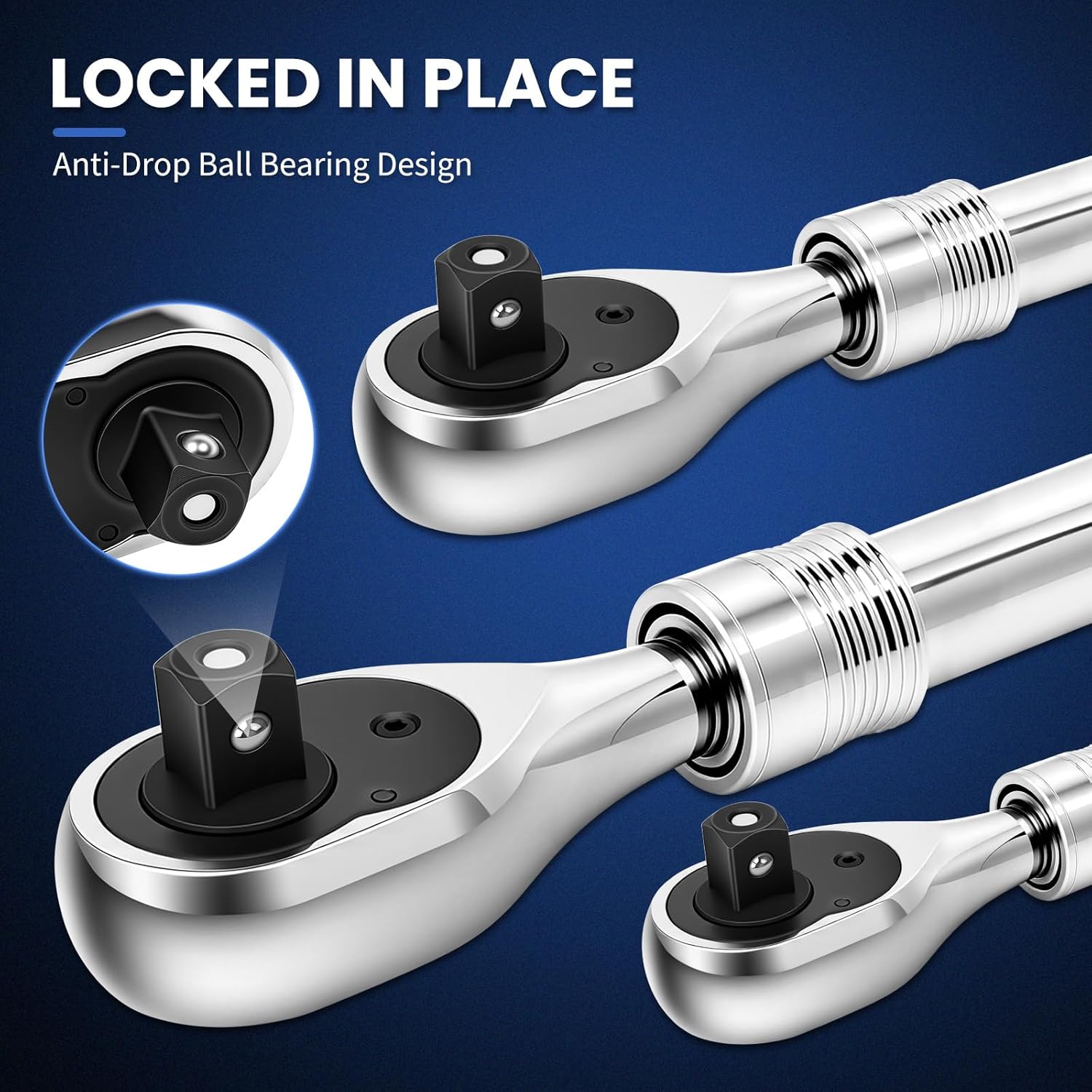 3-Piece Extendable Ratchet Set, 1/4" 3/8" 1/2" Drive 72-Tooth Quick-Release Reversible Socket Wrench with Soft Grip Handle & Storage Tray, CR-V Steel for Auto Repair & DIY