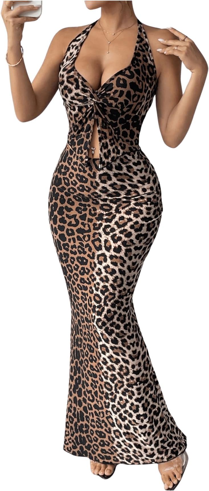Women's 2 Piece Outfit Leopard Print Twist Front Split Halter Top Maxi Bodycon Skirt Sets