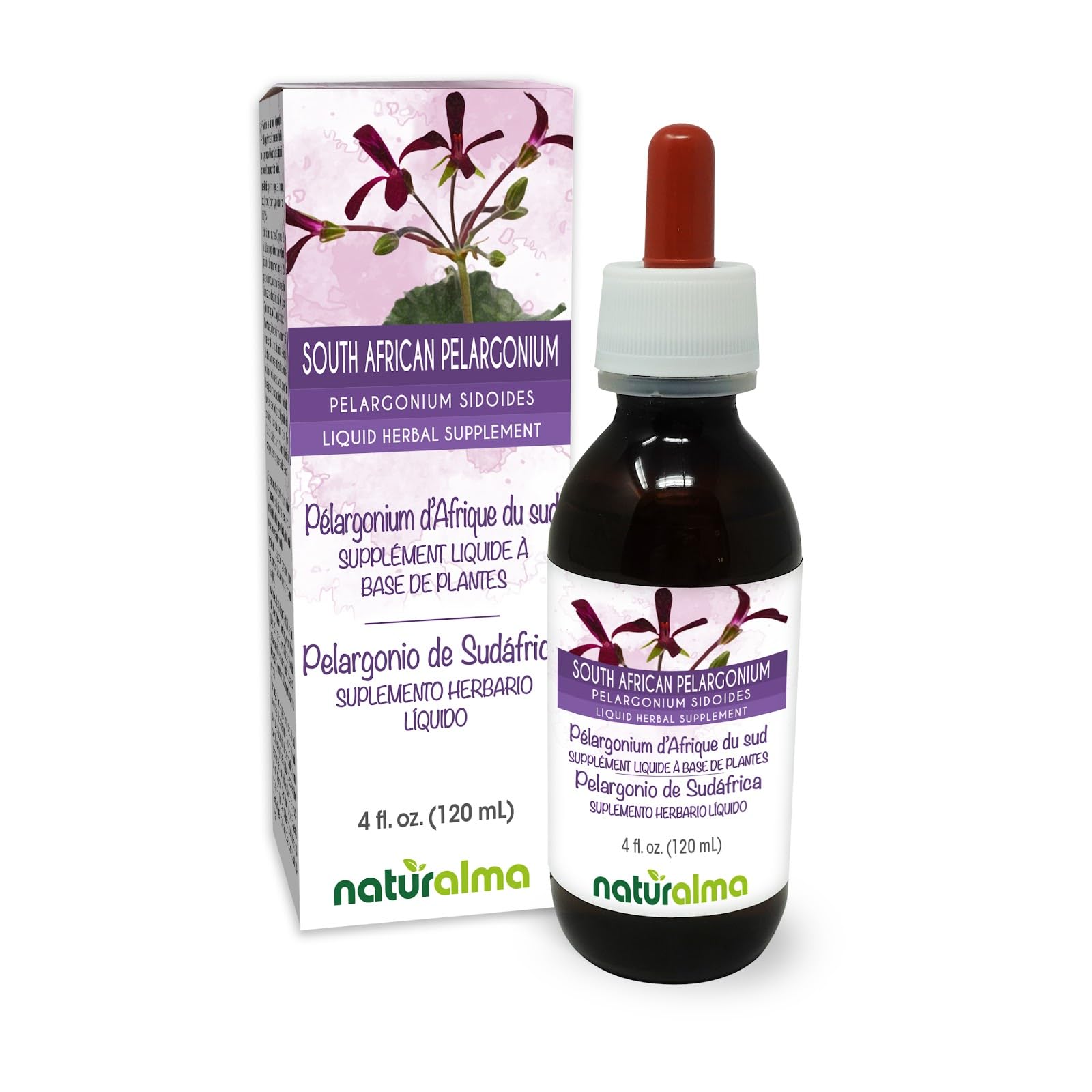 Naturalma South African Pelargonium or Umckaloaba (Pelargonium sidoides) Root Alcohol-Free Tincture - 4 fl oz Liquid Extract in Drops - Herbal Supplement - Vegan 4 Fl Oz (Pack of 1)
