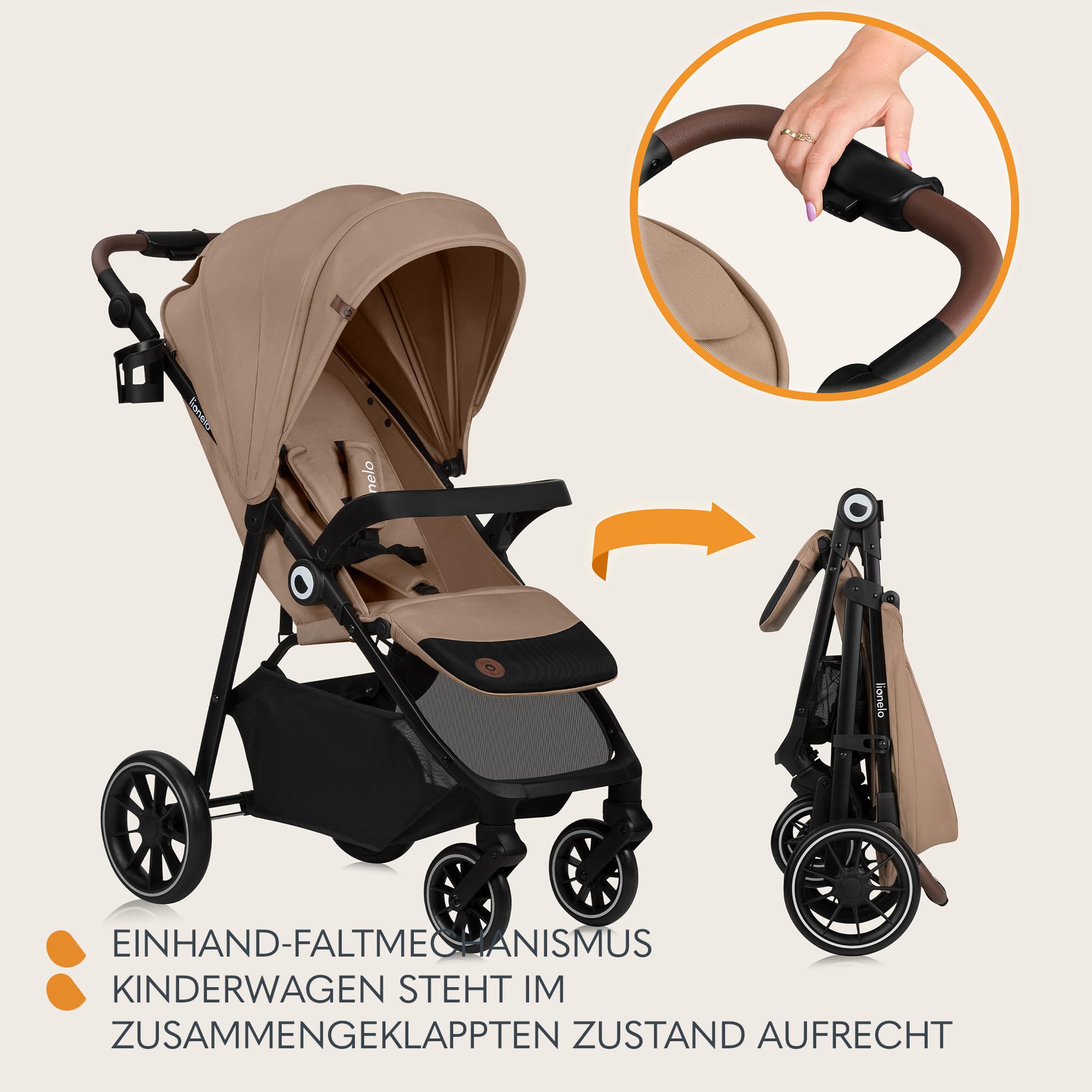 LIONELO EMMA ONE Buggy bis 22 kg 6 m bis 4 Jahre Schwenkbare 360° Räder Vollfederung Einhändig klappbar XXL-Verdeck UPF50+