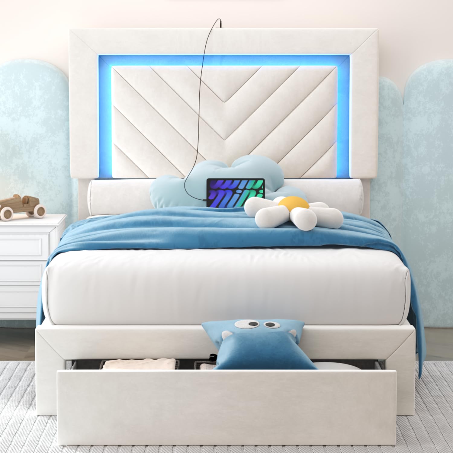 Incyneva Upholstered Twin Bed Frame with LED Headboard and Storage Drawer, Velvet Platform Bed Frame Twin Size with Charging Station, Adjustable Headboard, No Box Spring Needed, Off White