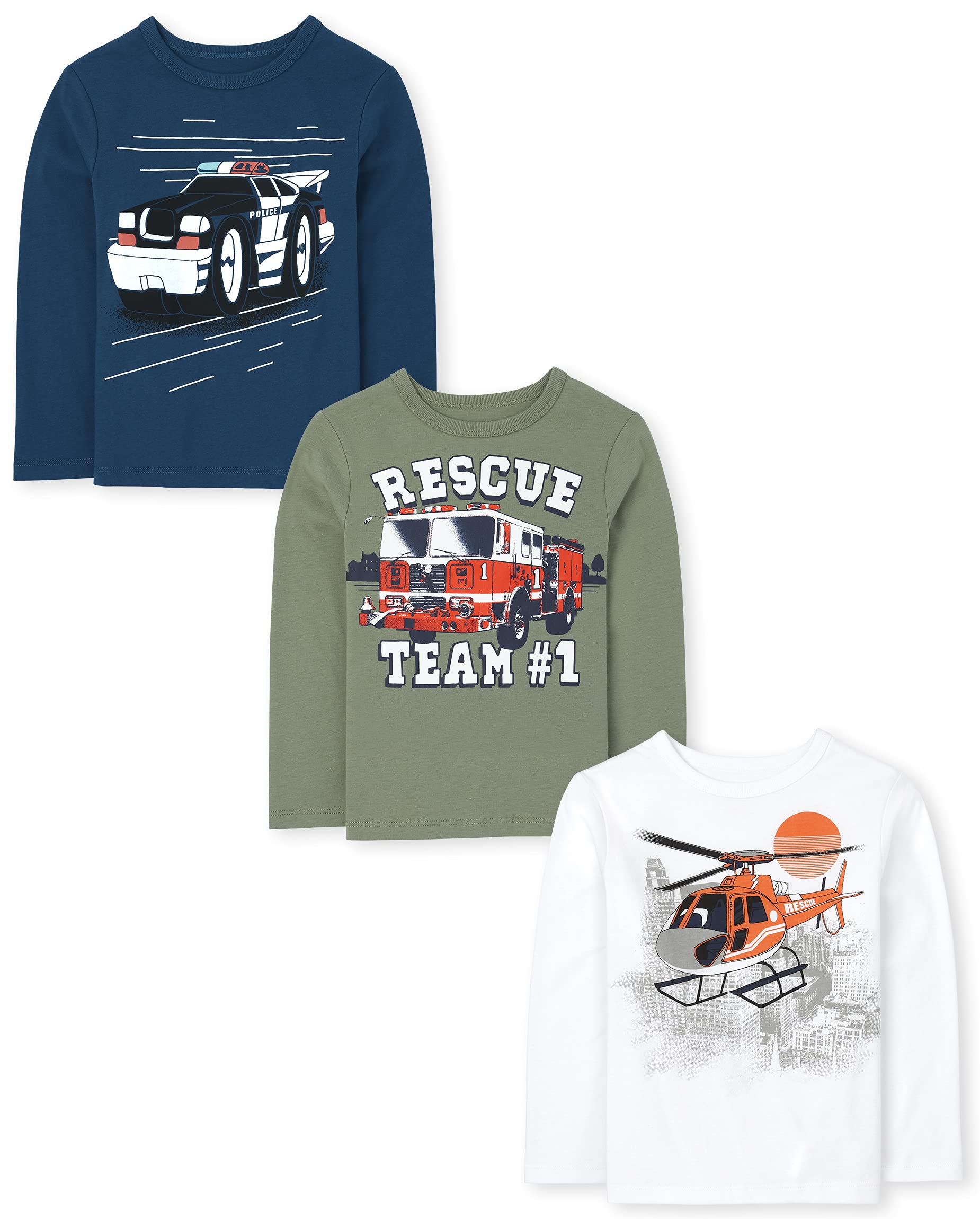 The Children's Place Baby Boys and Toddler Vehicle Long Sleeve Graphic, wielopakowa koszulka, Police Racer/Recuse/Helikopter, 3-pak, 4 lata, Police Racer/Recuse/Helikopter, zestaw 3 szt, 4 lat