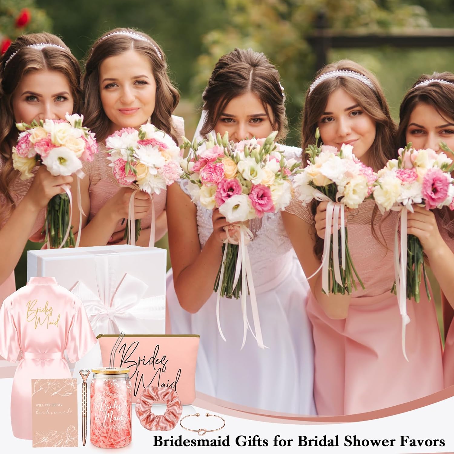 Irenare Bridesmaid Proposal Gifts Set Robes Makeup Bag Cup Cards Hair Tie Bracelet Diamond Pen Bridesmaid Gift Box(Pink,24 Pcs)