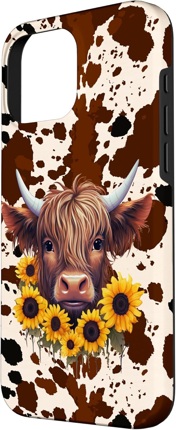 iPhone 16 Pro Max Western Highland Cow Sunflowers And Cowhide Brown Case - Image 2