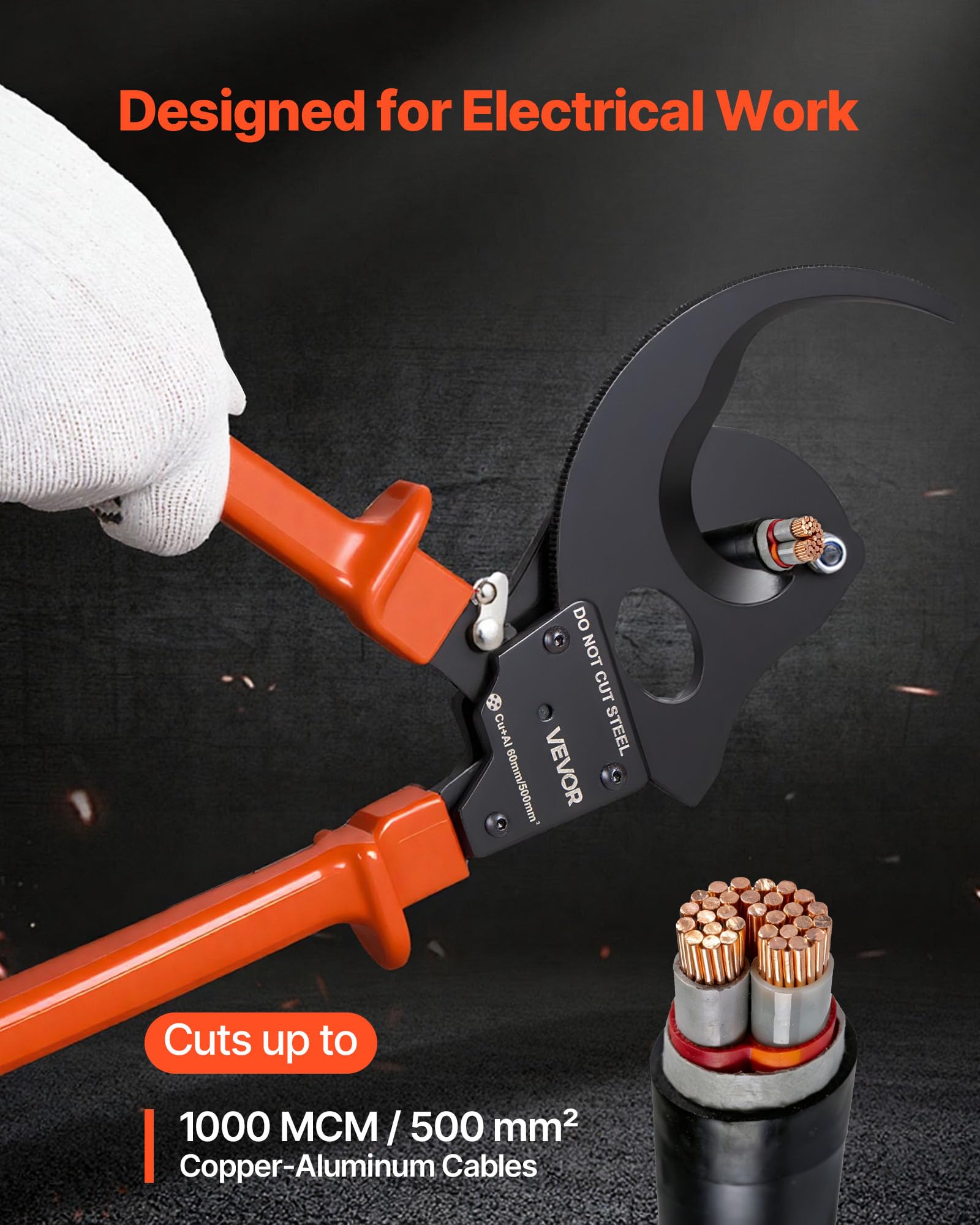 VEVOR Cortador de Cables de Trinquete 325 mm, Cortador de Alambres y Cables de Cobre-Aluminio 300 mm², Cortacables con Hojas de Acero con Mangos Recubiertos de PVC y Botón de Liberación Rápida