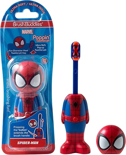 Brush Buddies Cepillo de dientes Marvel Spider-Man para niños, cerdas suaves y redondeadas, Poppin' Fun Spiderman Cepillo de dientes para niños,