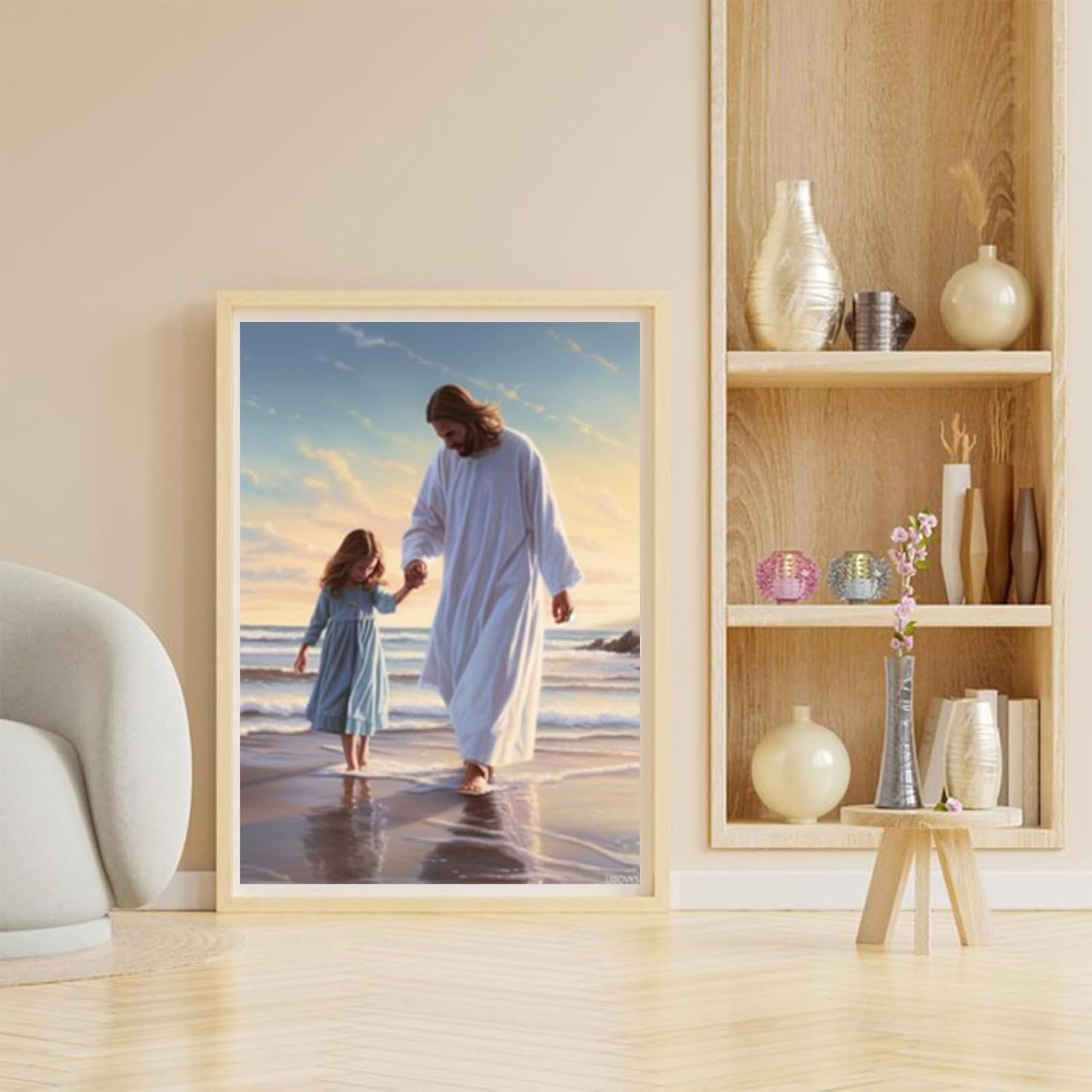 UIBDVKS Jesus Walking on The Beach Diamond Art Painting Full Round Drill Embroidery Kit Cross Stitch Diamond Dots Kit Paint of Rhinestones for Gift Wall Decor 12x16inch