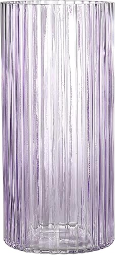 Vista 10 de Jarrón de vidrio rosa para flores, florero de vidrio acanalado, florero de flores rosas, jarrones de vidrio cilíndricos altos para centros de mesa