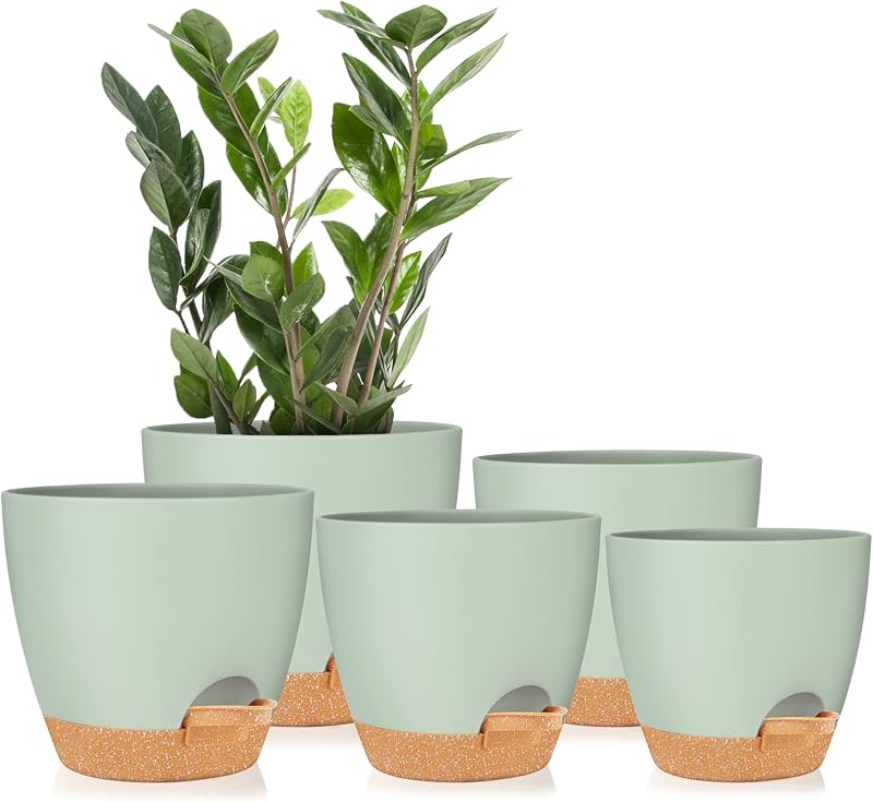 Jardineras con riego automático de 5/5,5/6/6,5/7 pulgadas, verde | Macetas de plástico, orificio de drenaje, maceta de vivero para plantas de interior, suculentas, planta de serpiente, violeta africana, flores