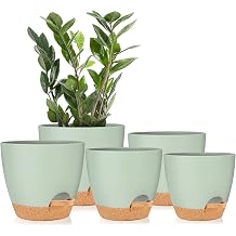 Plant Pots 7/6.5/6/5.5/5 Inch Self Watering Planters with Drainage Hole, Plastic Flower Pots, Planters for Indoor Plants, Succulents,Snake Plant, African Violet, Flowers,Green
