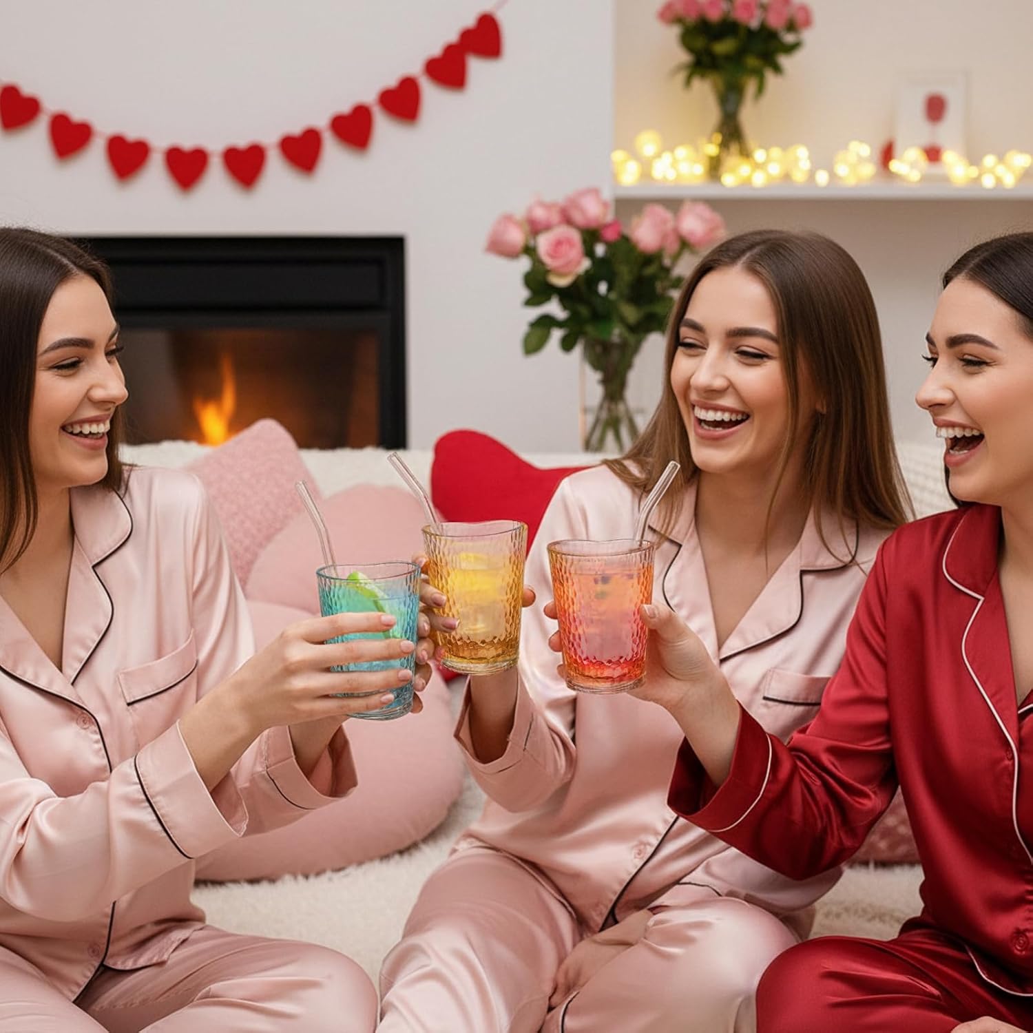 Skylety 6 Sets Heart Glass Tumbler with Straw Clear Ribbed Coffee Glasses Love Drinking Cup for Milk Juice Tea Summer Drinkware Wedding Birthdays Decor School Supplies, 5 oz(Hammered) - Image 6