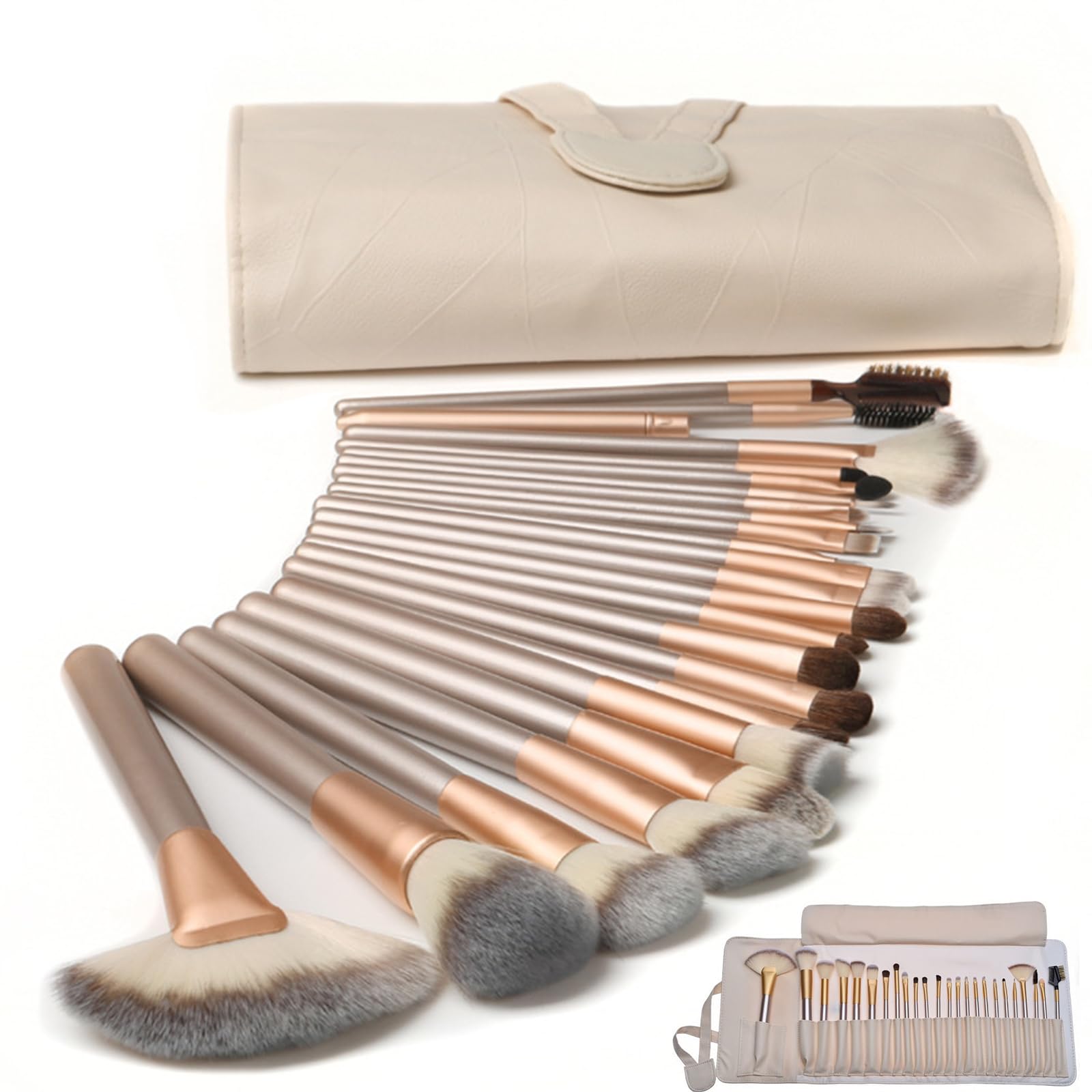 QUEENADA24 Pcs Makeup Brush Set - Professional Wood Handle Premium Synthetic Foundation Blending Blush Concealer Face Liquid Eye Powder Cream Cosmetics Lip Brush Tool Brushes Kit (White Bag)