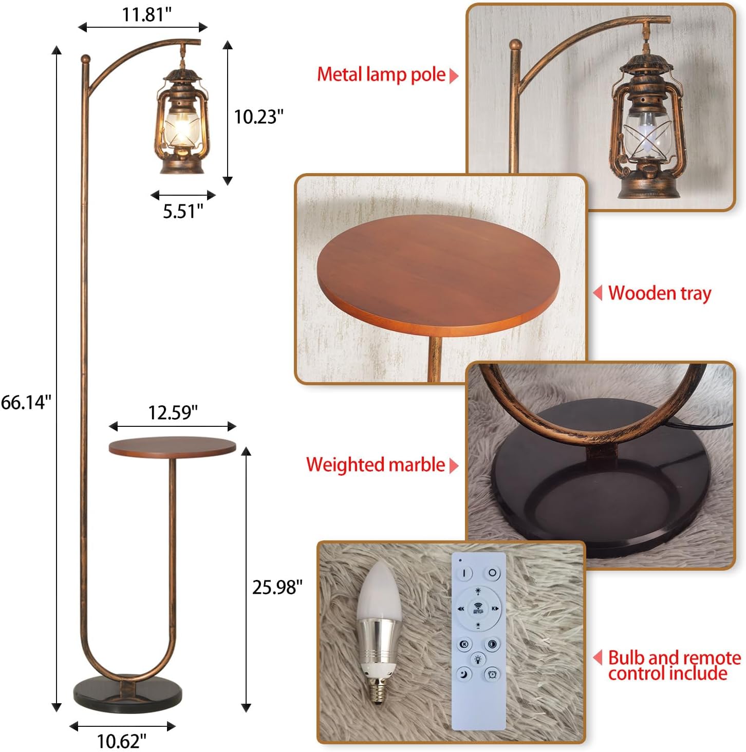 Hsyile Floor Lamp for Living Room Bedroom with Table and Shelves Retro Horse Lantern Floor Lamp Farmhouse Standing Lamp (Red Copper)