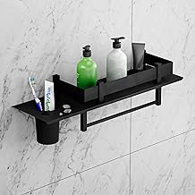 HISRE Wall-Mounted Stainless Steel Bathroom Shelf with Guard Rail & Toothbrush Holder | Modern Chrome Finish Glass Shelf Organizer for Shampoo, Soap & Toiletries (B110)