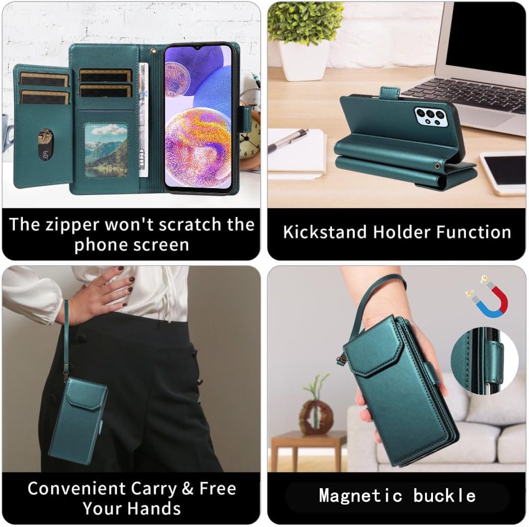 Asuwish Phone Case for Samsung Galaxy A23 5G/4G Cell Wallet Cover with Tempered Glass Screen Protector Flip Credit Card Holder Slot Stand A 23 23A 6.6 Women Men Folio Purse Lanyard Wrist Green