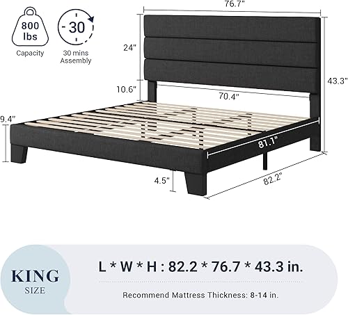 Miniatura 60 de Allewie - Base de cama tamaño King con cabecera tapizada en tela y soporte de listones de madera; base de colchón completamente tapizada; no Azul