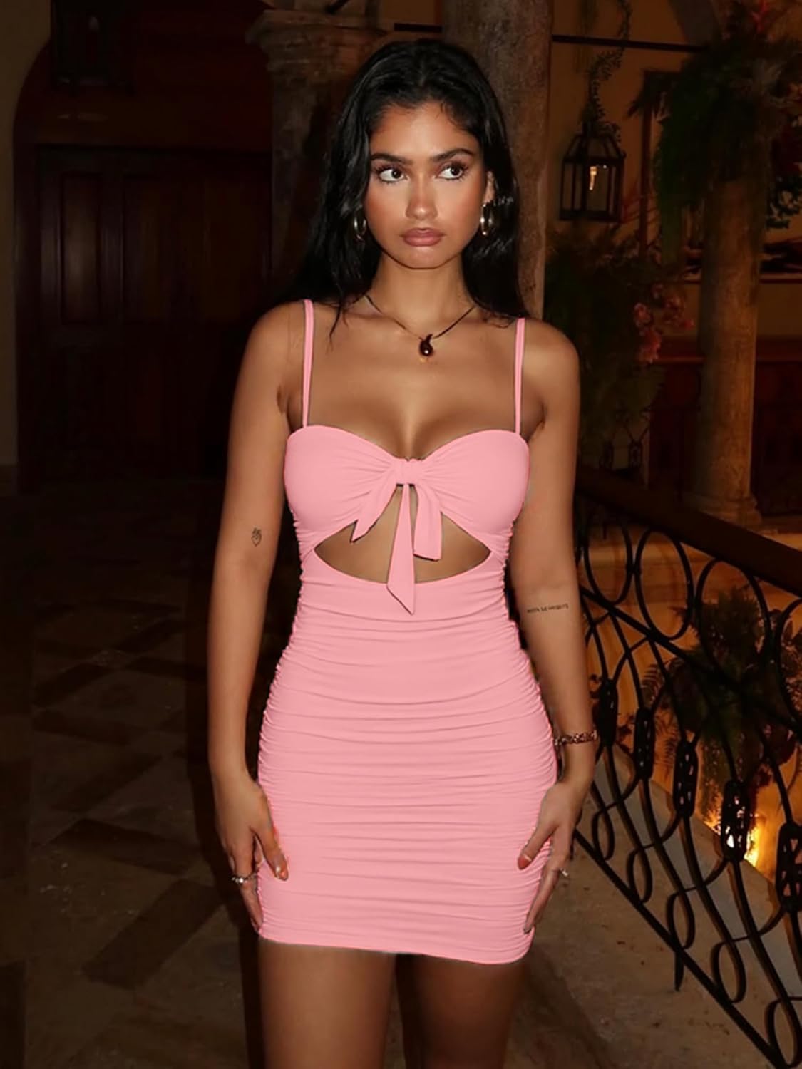 BORIFLORS Women's Sexy Bodycon Cut Out Ruched Backless Spaghetti Strap Mini Club Party Dresses - Image 4