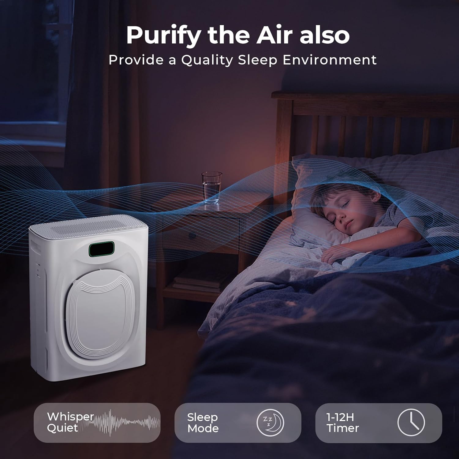 VENTISOL P295W Air Purifier in a bedroom during sleep mode