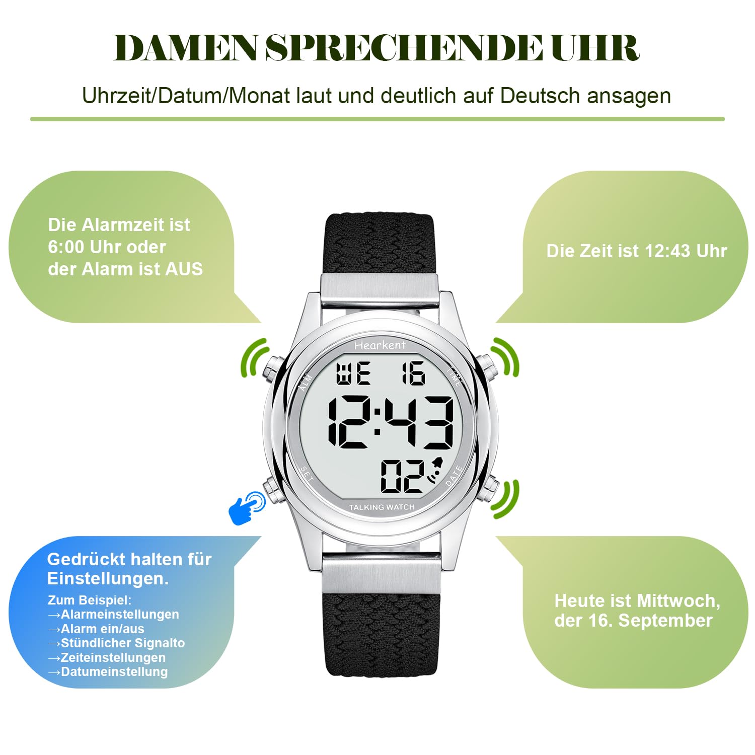 Hearkent Damen Digitale sprechende Uhr mit Deutscher Stimme-2117 | LCD große Zahlen Armbanduhr für Sehbehinderte,ältere oder blinde,Weiches-schnell wechselbares-verstellbares Armband