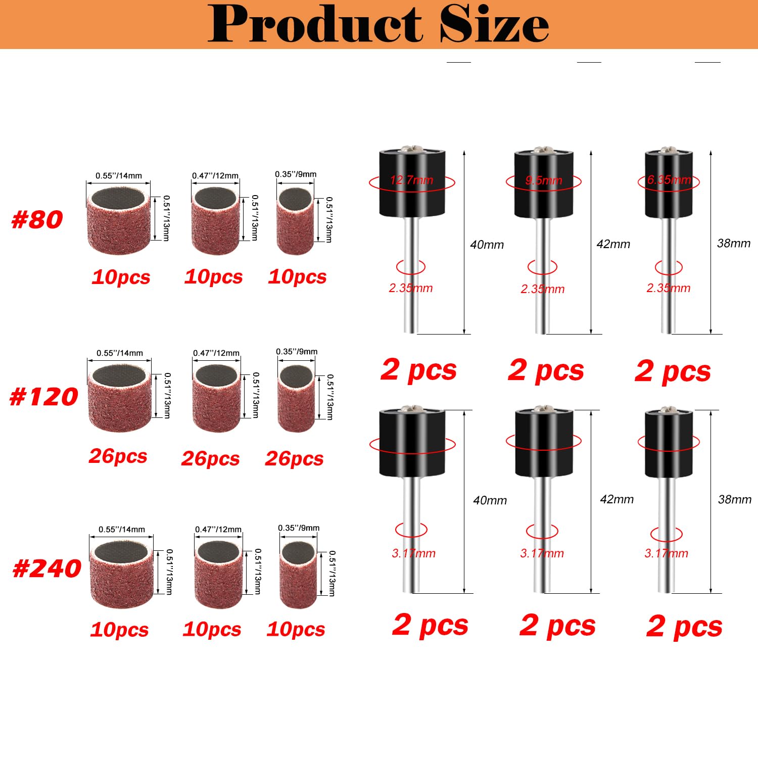 Sanding Drum Set for Most Rotary Tools-Includes 138 Aluminum Oxide Sanding Sleeves for Drum Sanders (80,120,240 Grit) and 12 Drum Mandrels-Sanding Bits Tool Accessories with Box