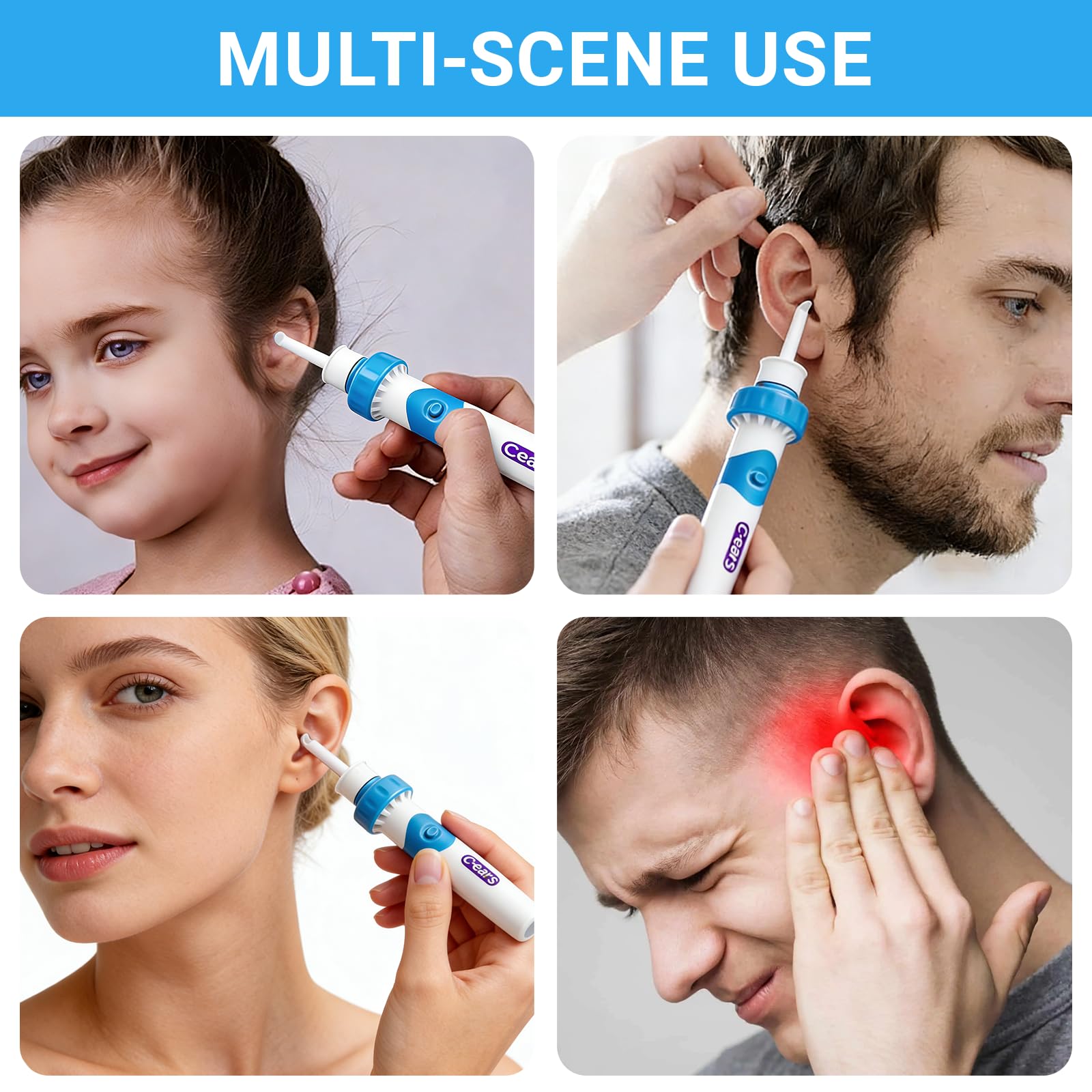 Extracteur de Cérumen Électrique,Appareil De Nettoyage Des Oreilles Pour Bebe Enfants Adulte Avec 2 Têtes de Rechange Lavables et Brosse(Utiliser Batterie NO.7)