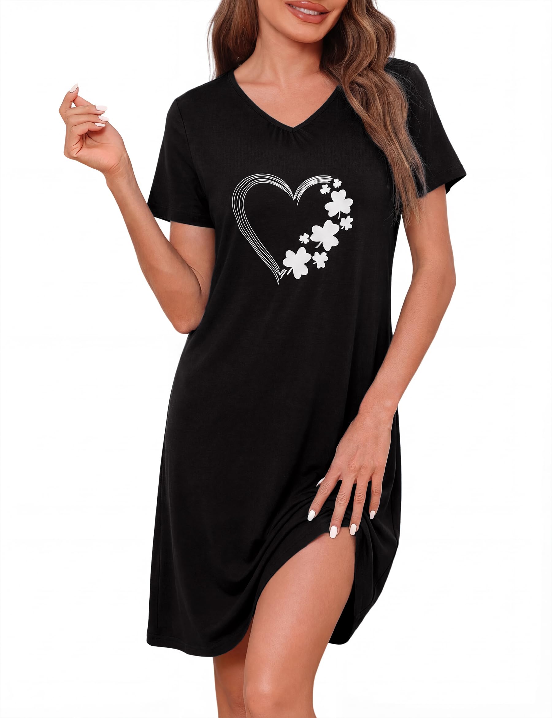 Uniexcosm Nachthemd Damen Kurzarm V-Ausschnitt Drucken Baumwolle Kurz Sommer Nachtkleid Bequemes Schlafkleid für Entspannung