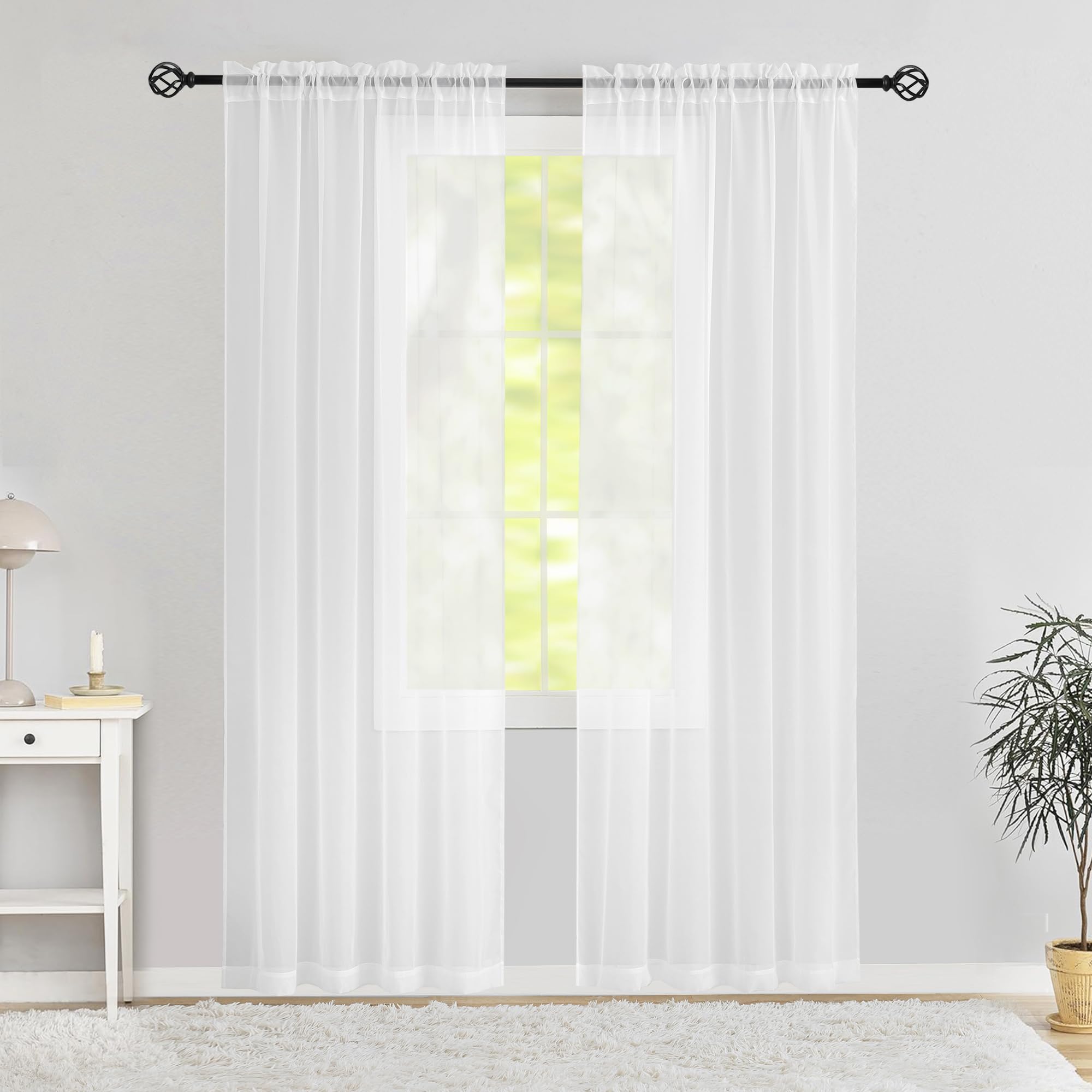 Karseteli Semi Voile White Sheer Curtains 84 Inches Long 2 Panels Rod Pocket Window Treatment for Living Room Bedroom Dining Room(White 42
