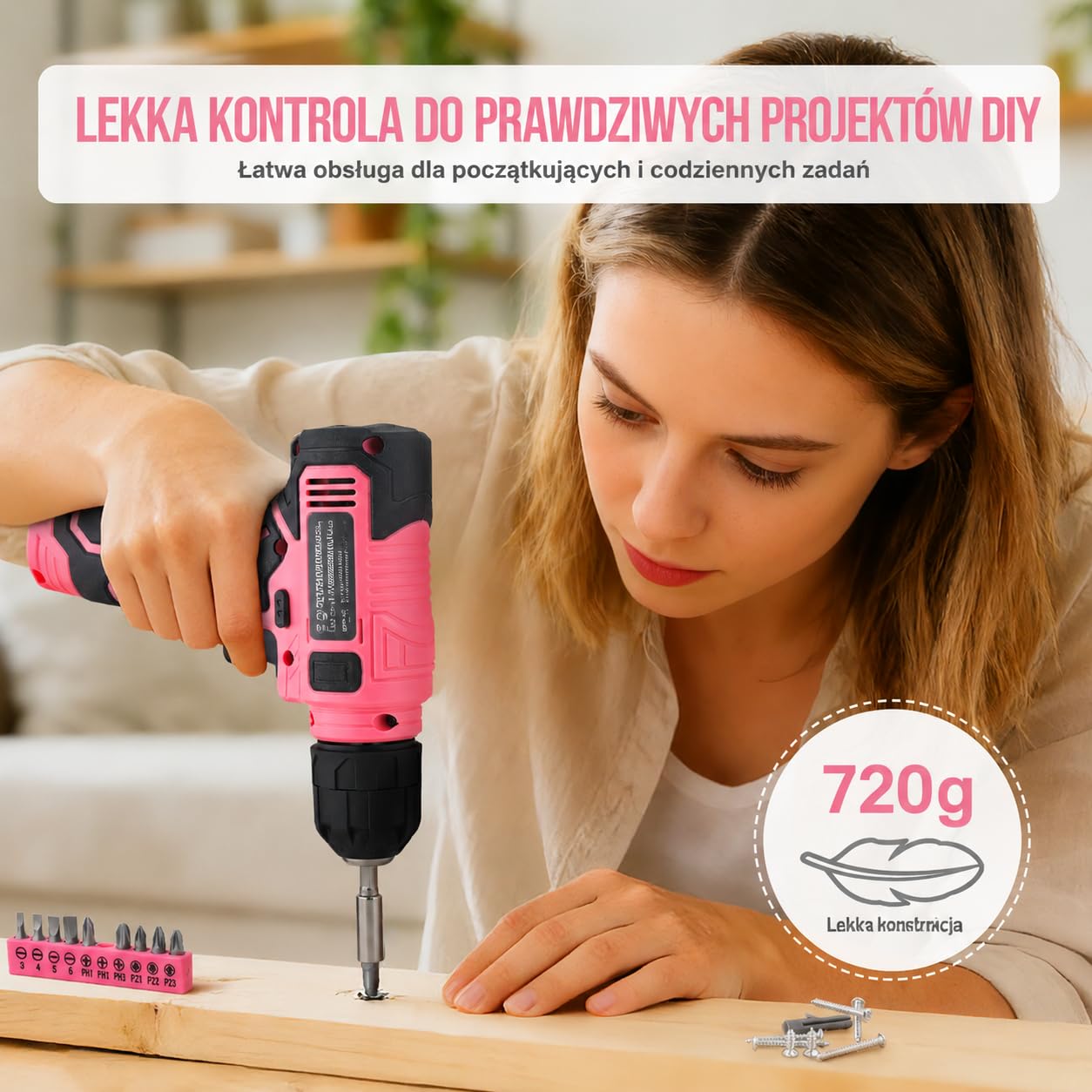 Hi-Spec Różowa Wiertarko-Wkrętarka Akumulatorowa 8V USB z Zestawem Bitów – Bezprzewodowy Elektrowkrętak dla Kobiet z Zestawem do Montażu Ściennego