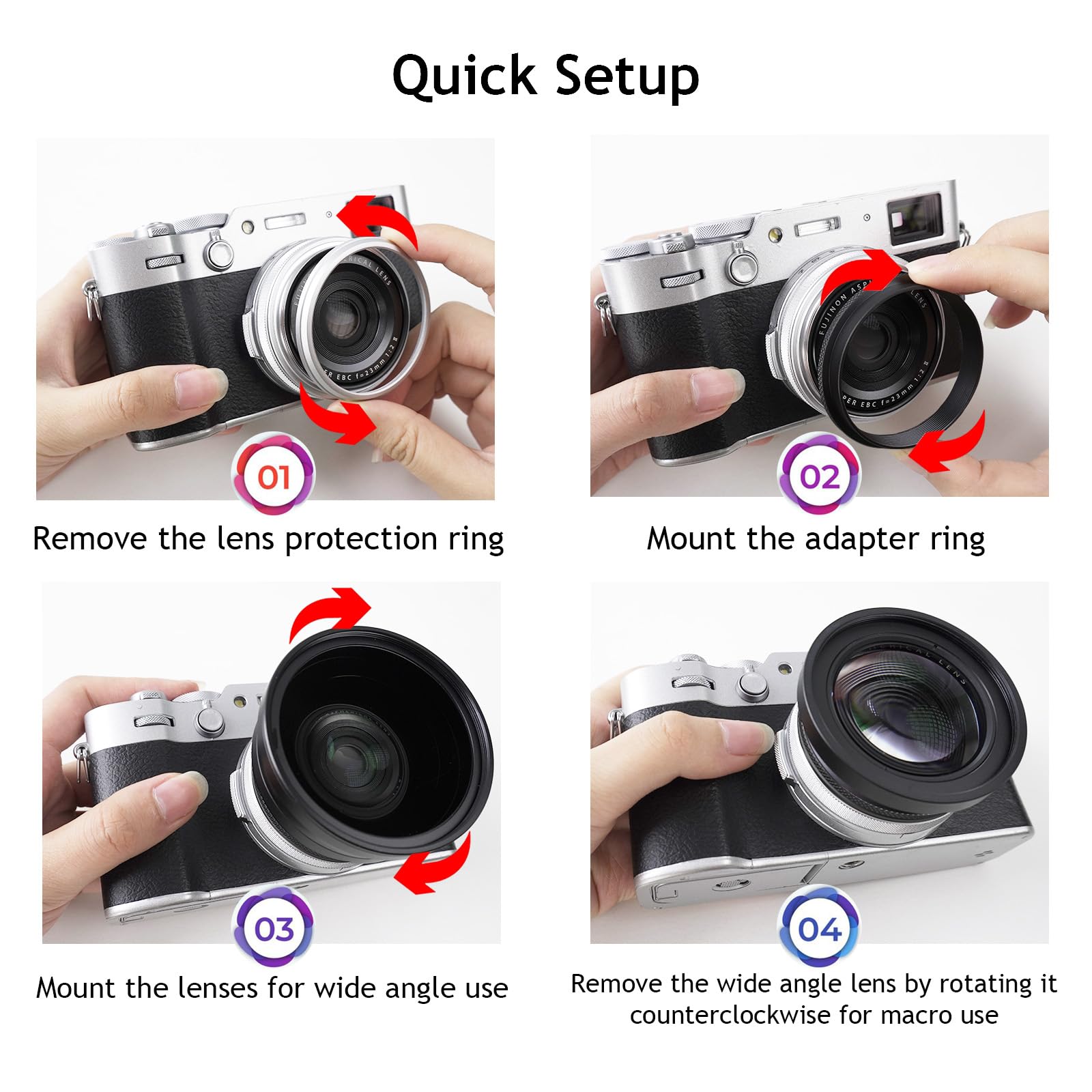 FotoZ Obiettivo di conversione per Fujifilm X100V / X100VI, 49 mm 0.75x grandangolo e macro 2 in 1 obiettivo con paraluce, obiettivo e anello adattatore filtro (nero)