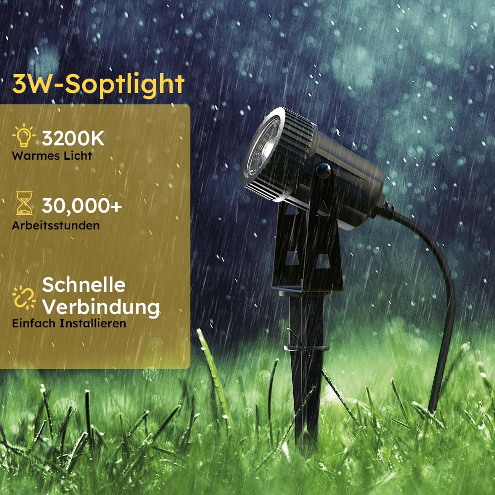 GEEDIAR LED Gartenbeleuchtung, 4 Stücke, Warmweiß 3200K Gartenleuchte mit Erdspieß, IP65 Wasserdicht LED Gartenstrahler mit Stecker, Gartenlampe für Außen Garten Rasen Dekorative