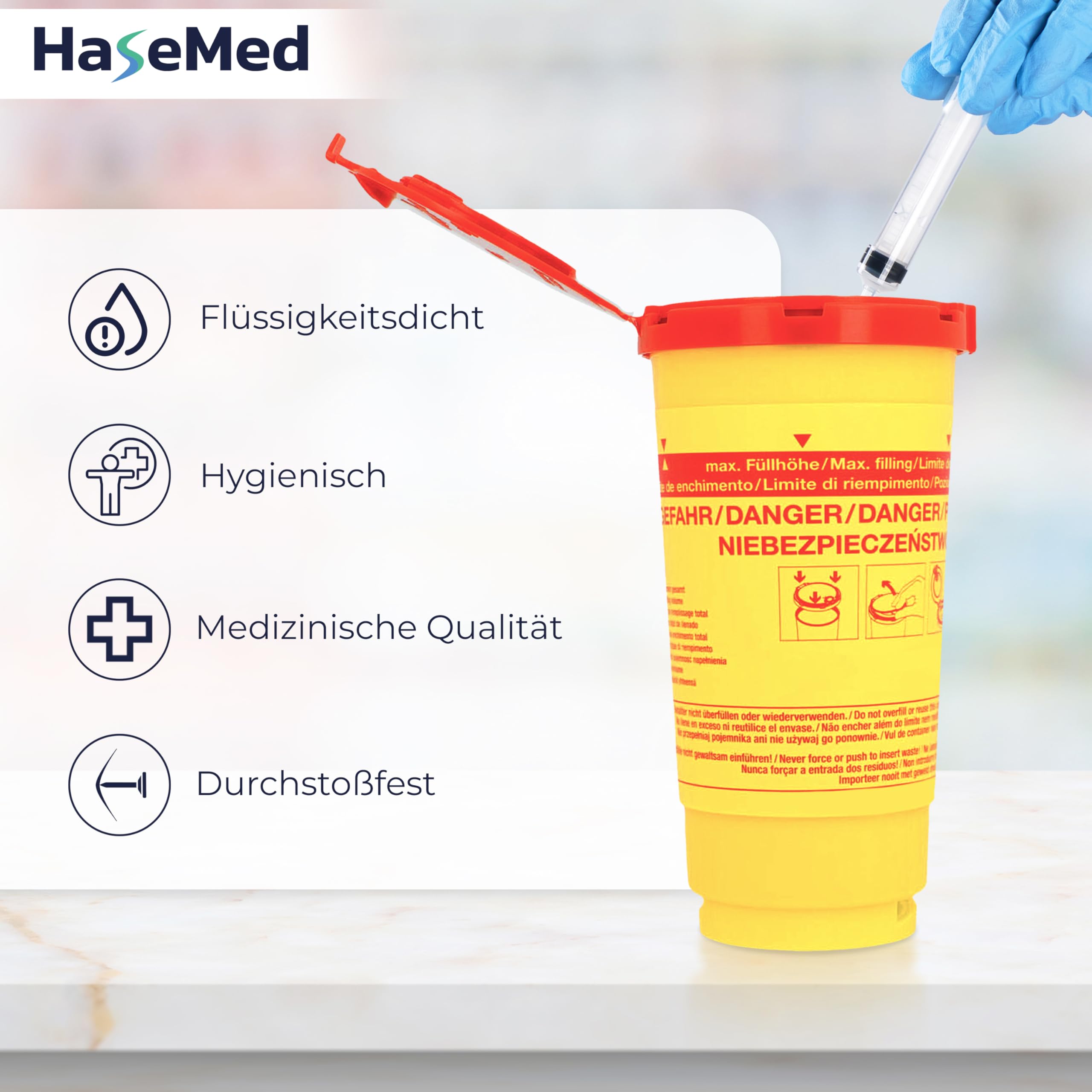 HaseMed Biohazard pojemnik na odpady z igłami, strzykawkami i ostrymi przedmiotami, bezpieczny, higieniczny, z czerwoną pokrywką, do klinik i placówek opieki (500 ml)
