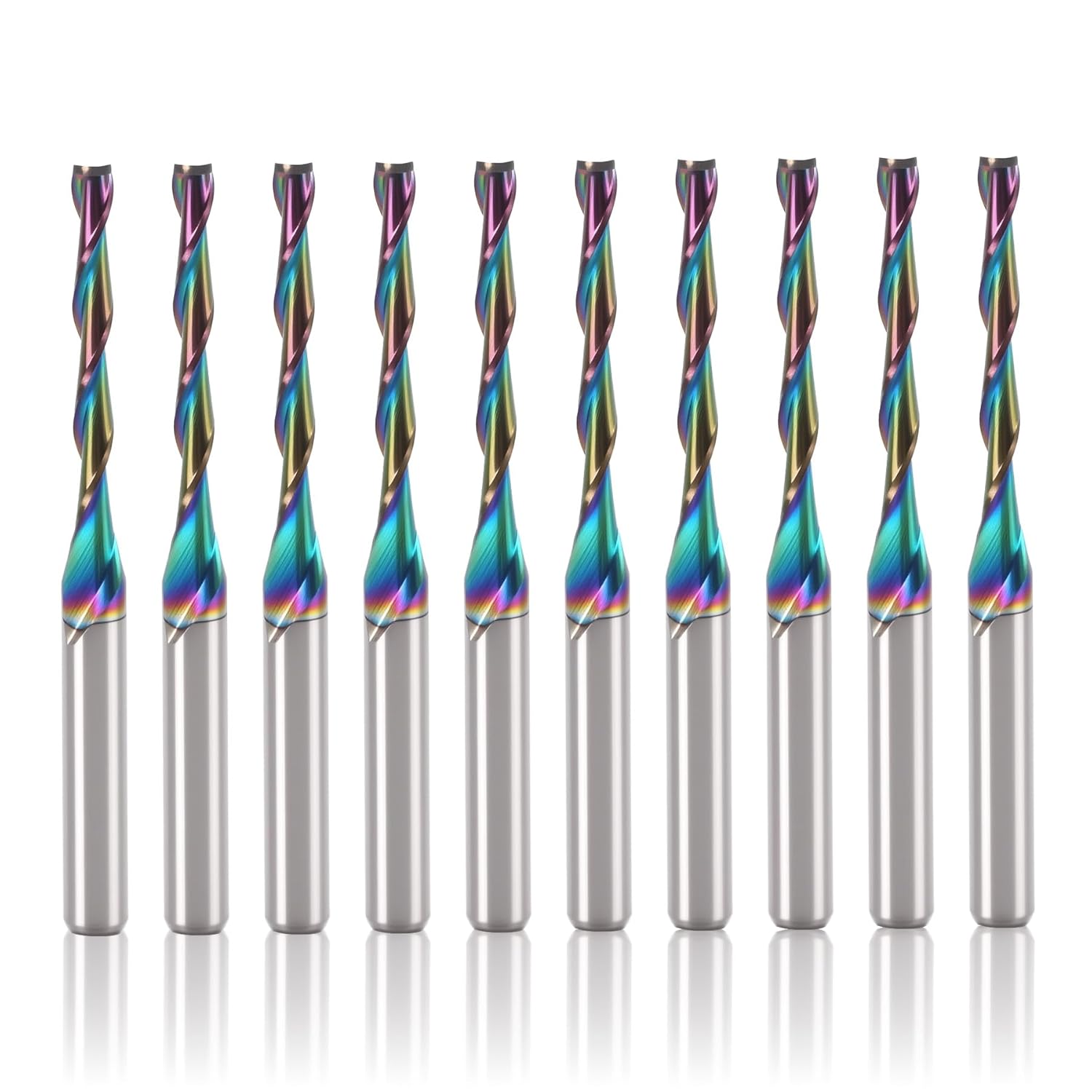 10 Pcs Up-Cut CNC Router Bit 1/8 inch Shank, 2 Flute Spiral Up Cut End Mill, CNC Solid Carbide Milling Cutter with DLC Coating for Precision Wood Carving Applications