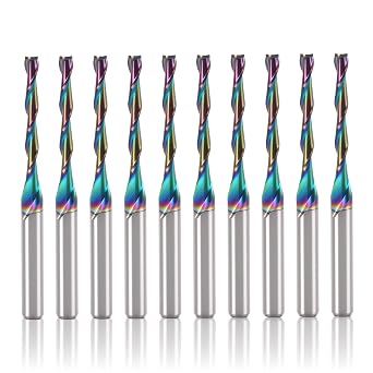 10 Pcs Up-Cut CNC Router Bit 1/8 inch Shank, 2mm Dia. | CNC Solid Carbide End Mill, 2 Flute Milling Cutter with DLC Coating for Precision Wood PVC Carving Applications