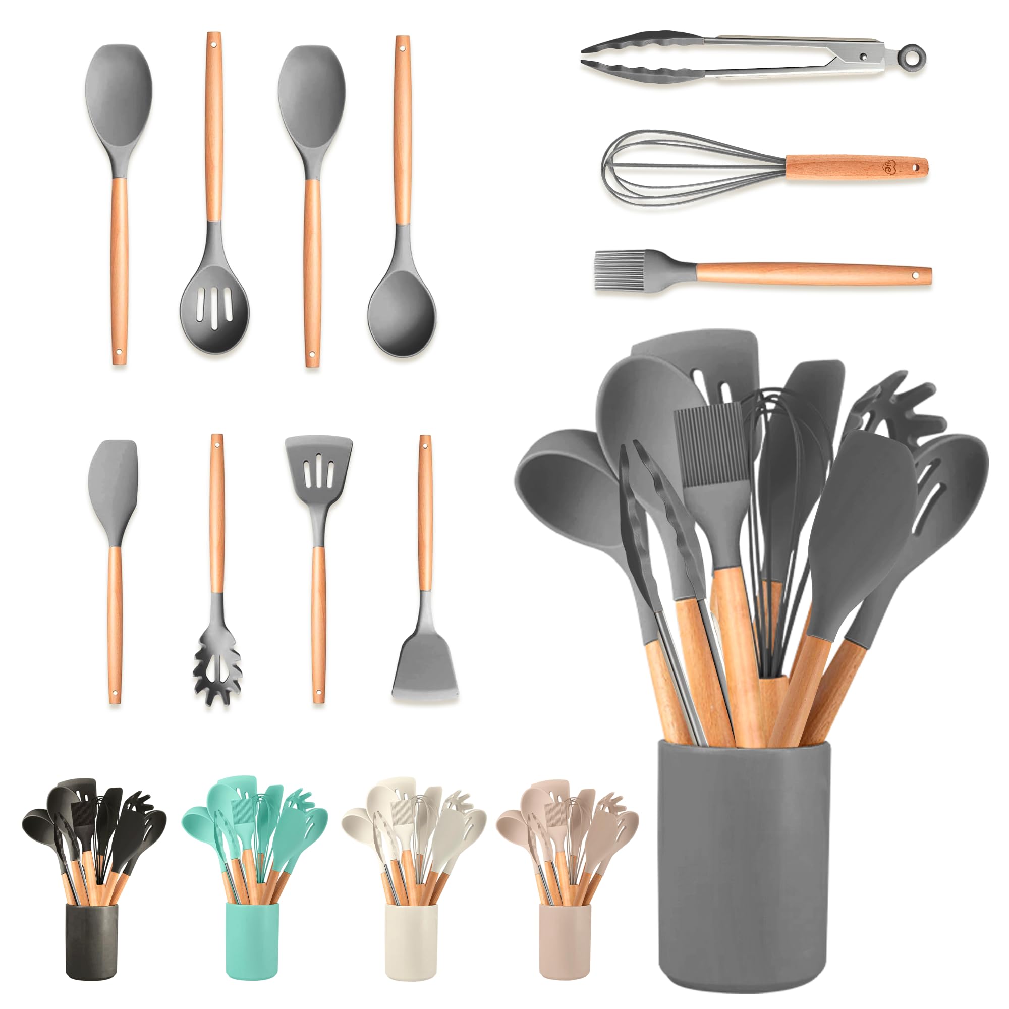 JUPPLIES Juego de Utensilios de Cocina de Silicona 19 Piezas con Cuchillos, Tijeras y Tabla de Cortar – Set Antiadherente Resistente al Calor – Apto para Todas Las Ollas y Sartenes - Beige — view 10