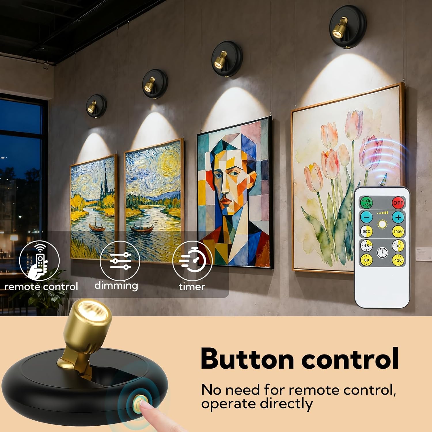 (4-Pack) Rechargeable Spotlight Indoor, Wireless LED Accent Lights with Remote & Timer, Dimmable Up Light for Indoor Plants, Artwork, Pictures & Trees, Stick on Mini Spotlights